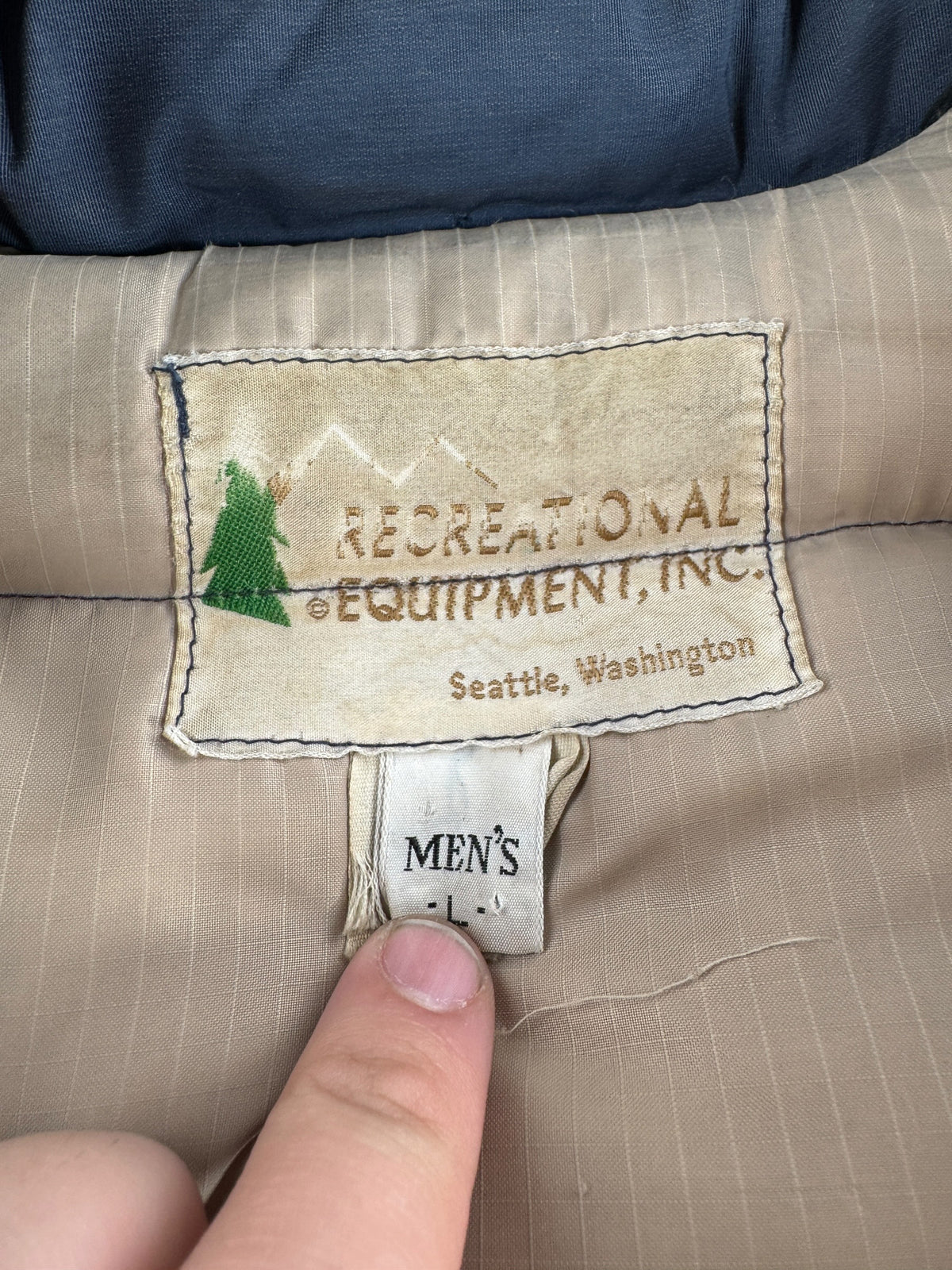 Tags on Vintage 80’s REI Down Jacket SZ L
