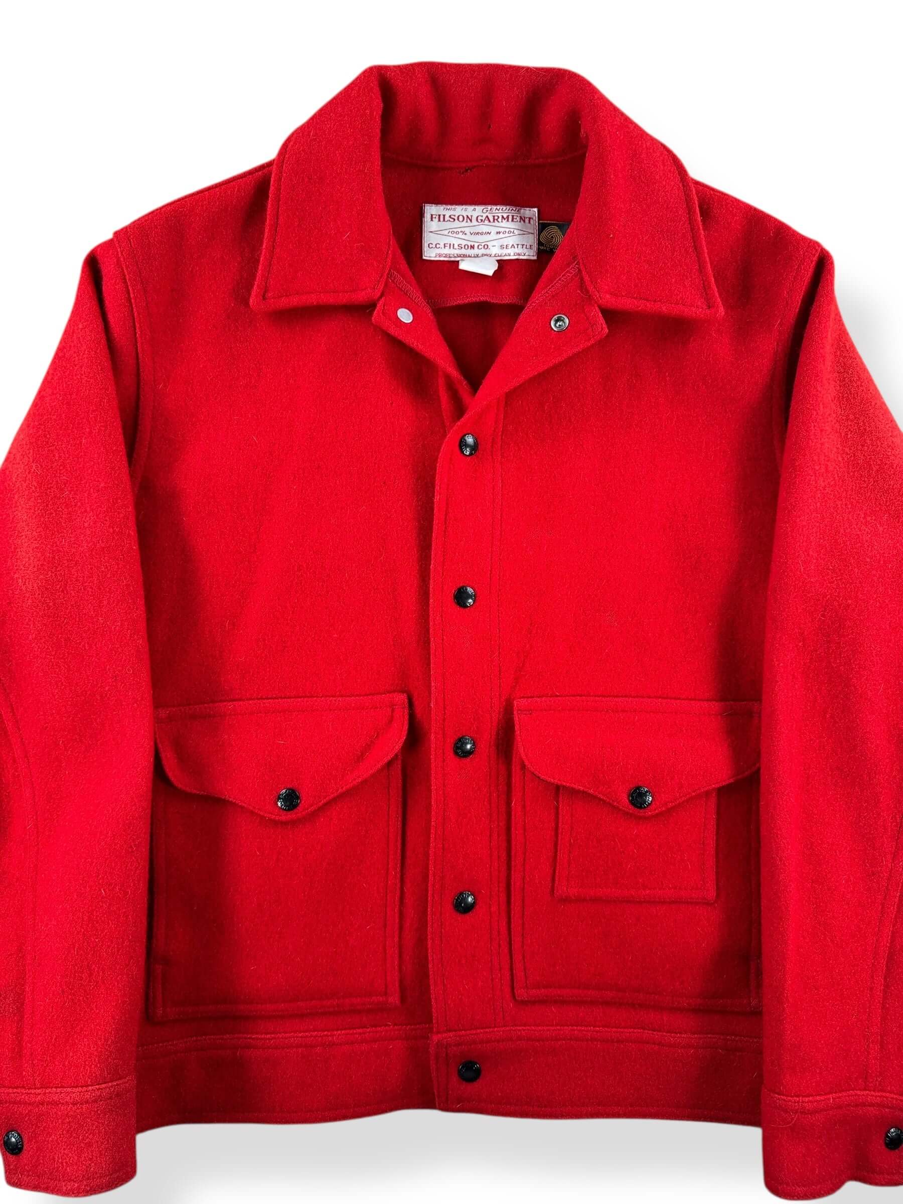 Front Close Up of Vintage Filson Scarlet Mackinaw Work Jacket SZ 40