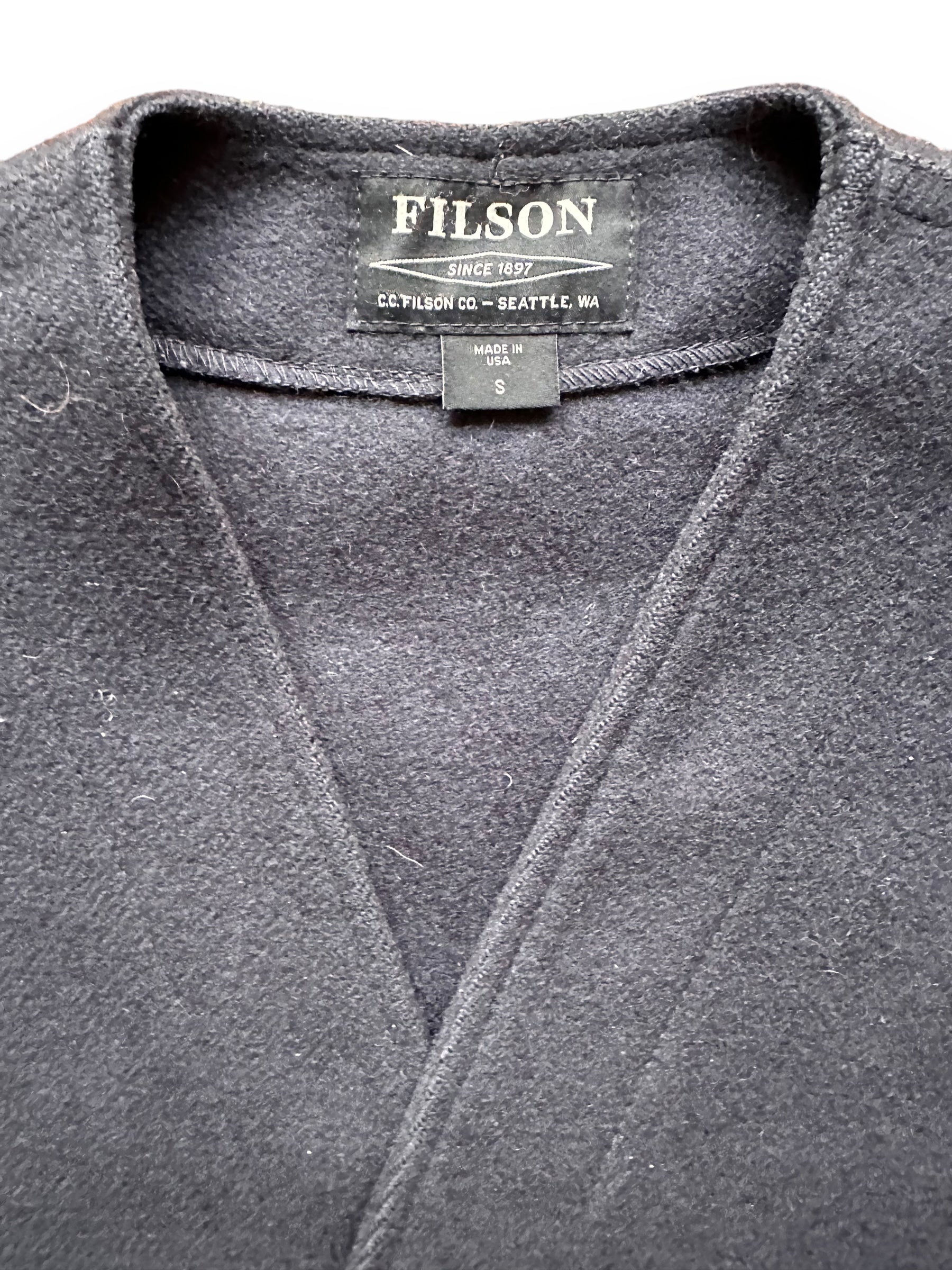 Tag View of Black Label Filson Mackinaw Wool Vest SZ S |  Barn Owl Vintage Goods | Filson Bargain Outlet Seattle