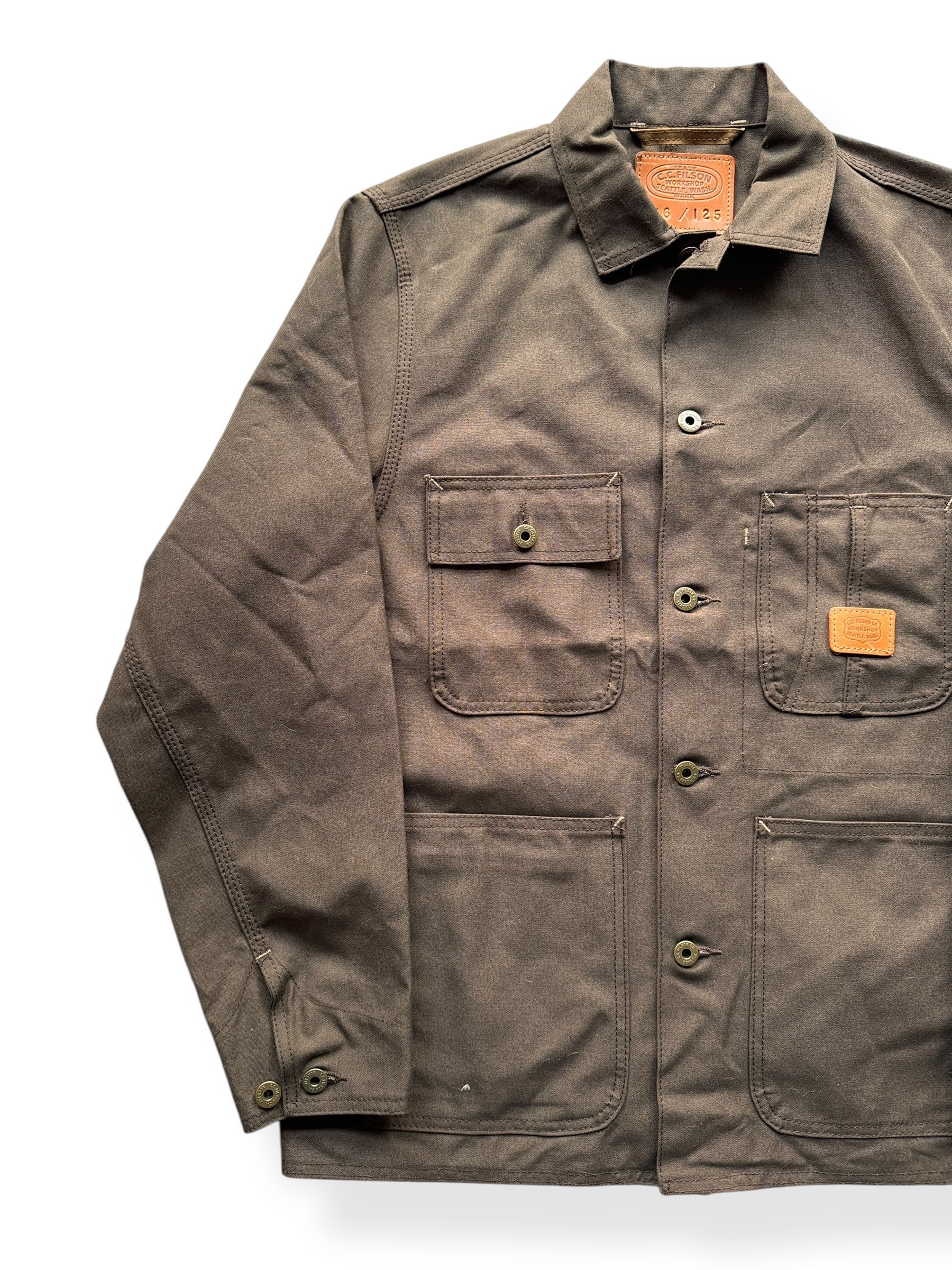 Front Right of Filson Brown Workshop Jacket SZ S