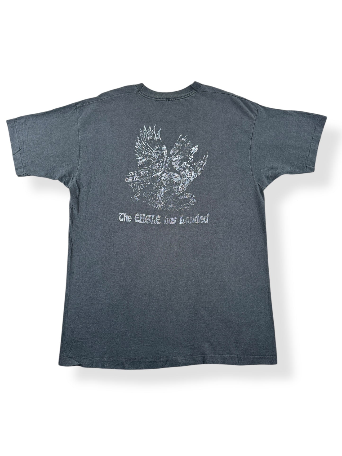 Back of Vintage Harley Davidson Eagle Has Landed Fader Tee SZ XL