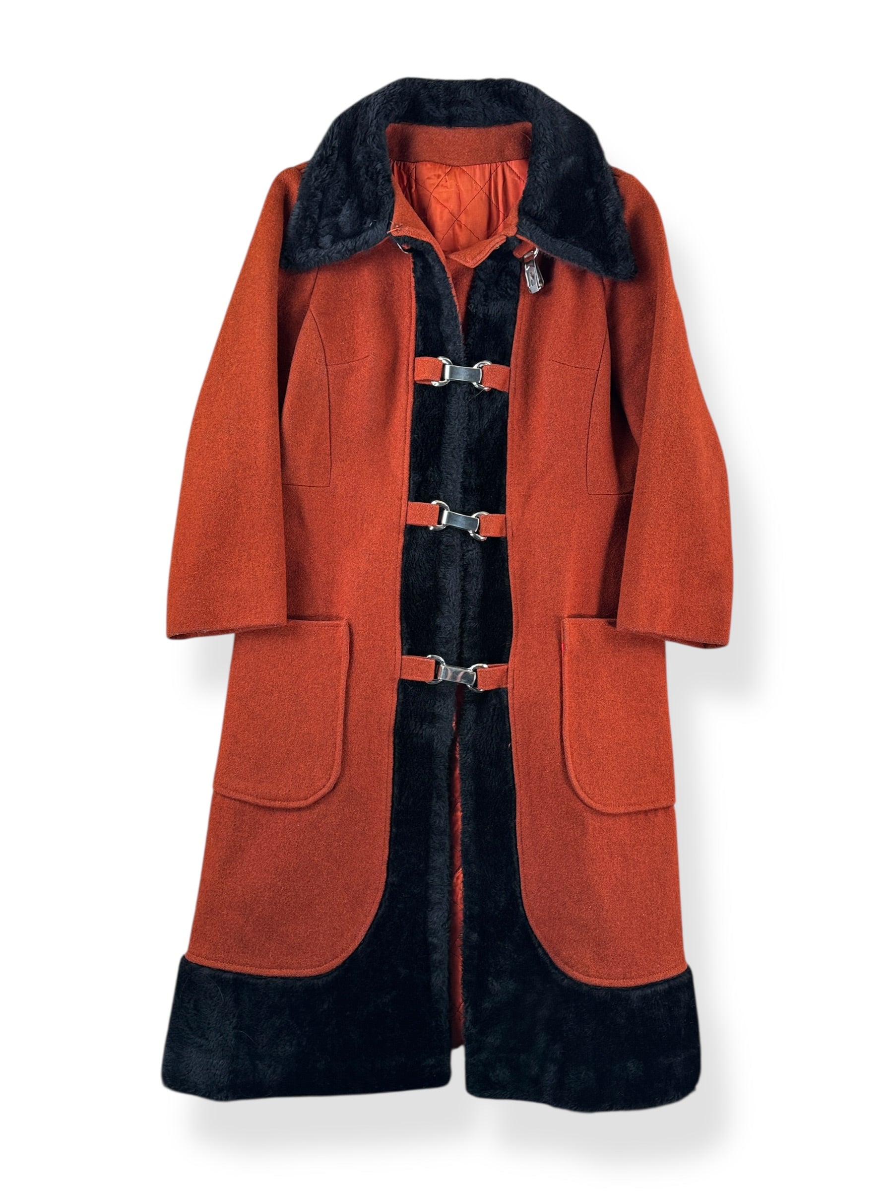 Front of Vintage 60s Burnt Orange Penny Lane Style Coat w/ Clasps SZ M