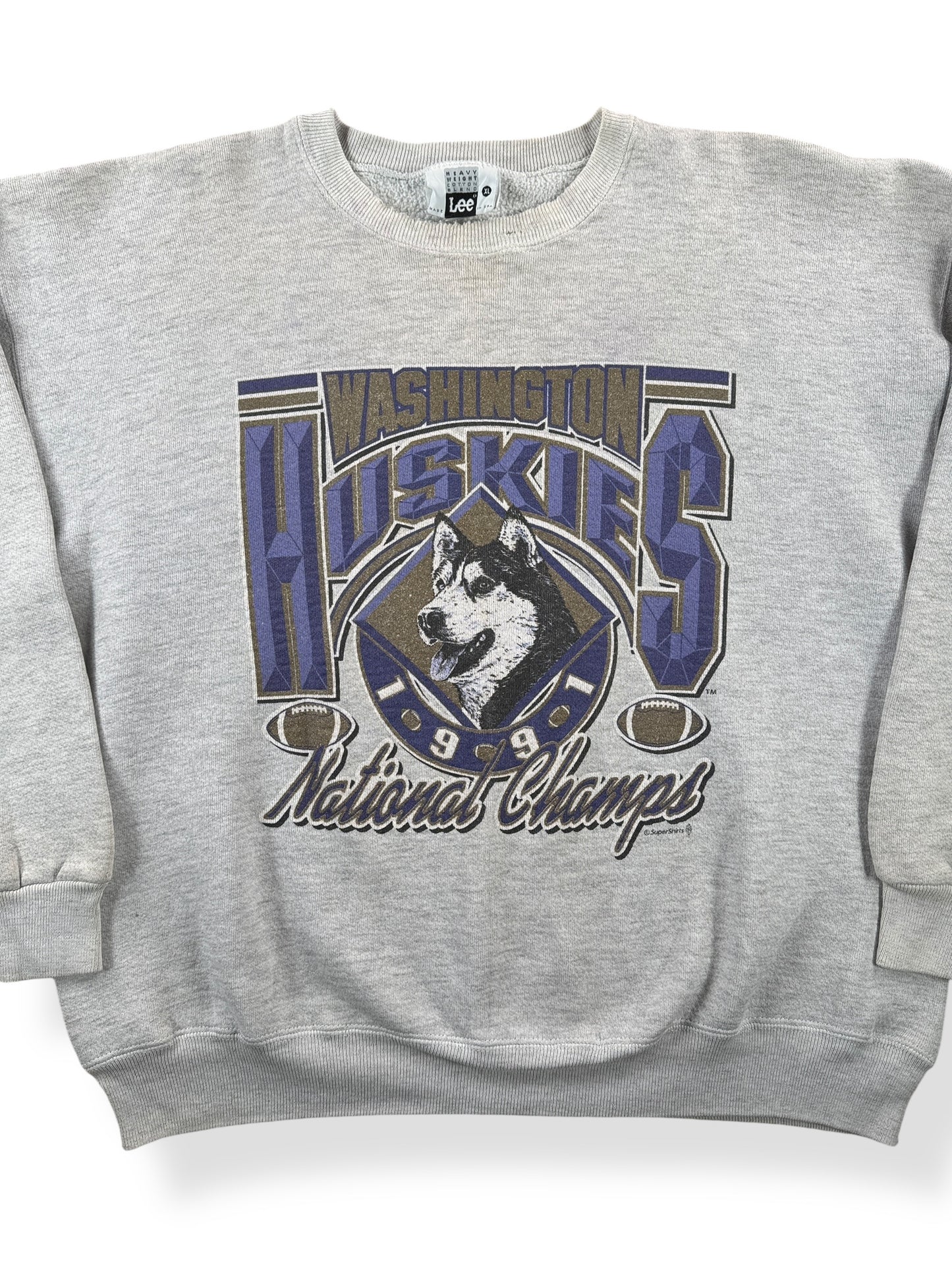 Front Close Up of Vintage Huskies Glitter Sweatshirt SZ XL