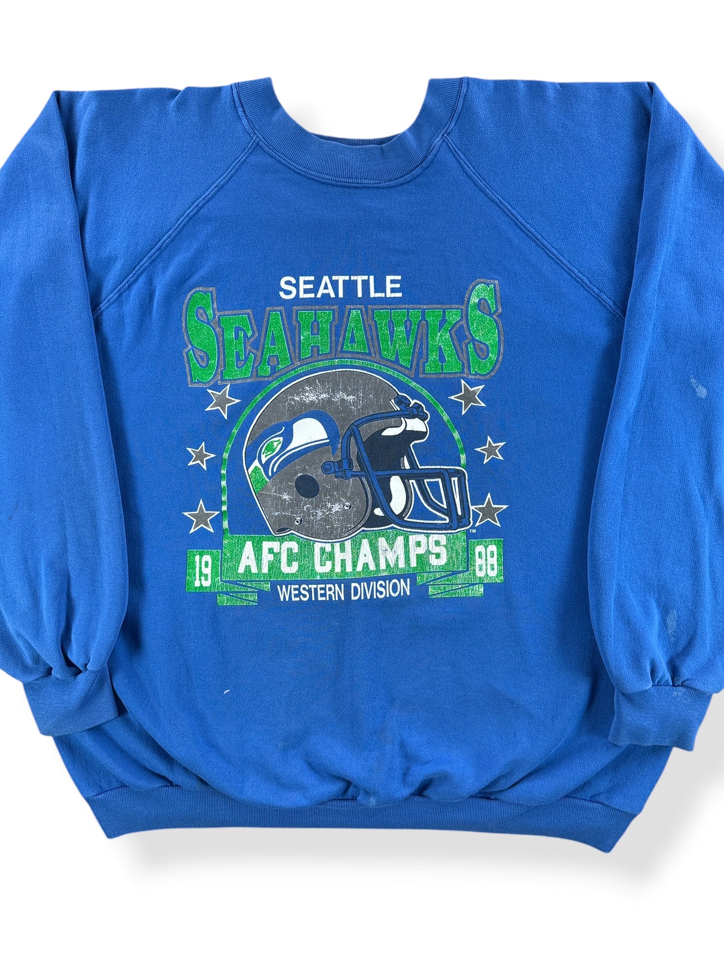 Front Close Up of Vintage Seattle Seahawks 1988 AFC Champs Crewneck SZ XL (Fits L)