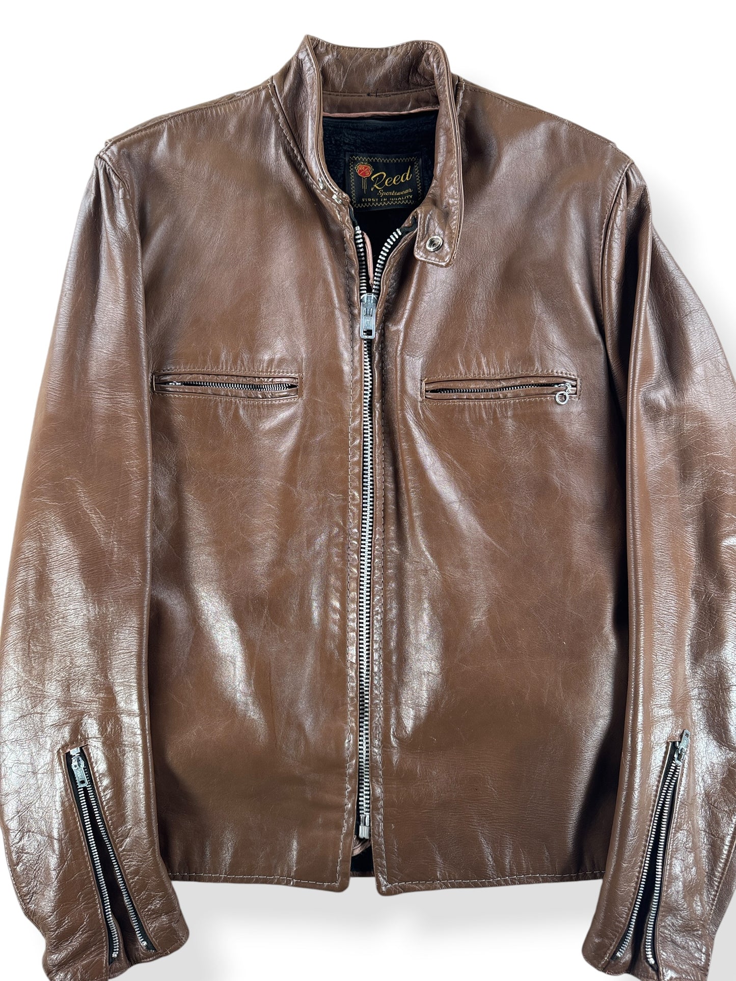 Front Close Up of Vintage Reed Sportswear Brown Leather Moto Jacket SZ M/L