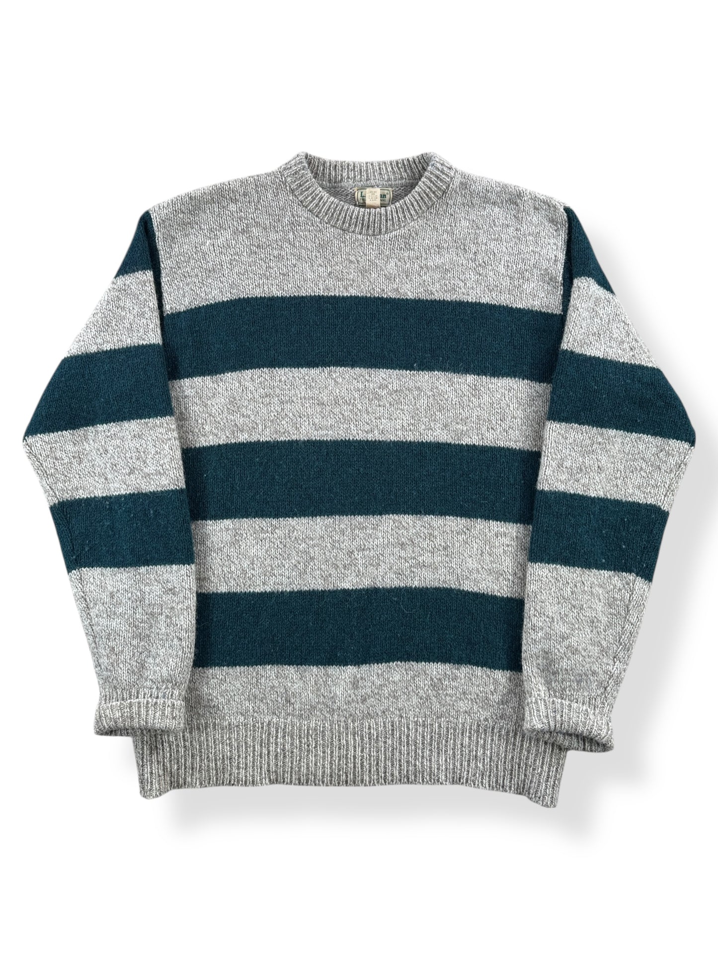 Front of Vintage L.L. Bean Green Striped Ragg Wool Blend Sweater SZ XL Long