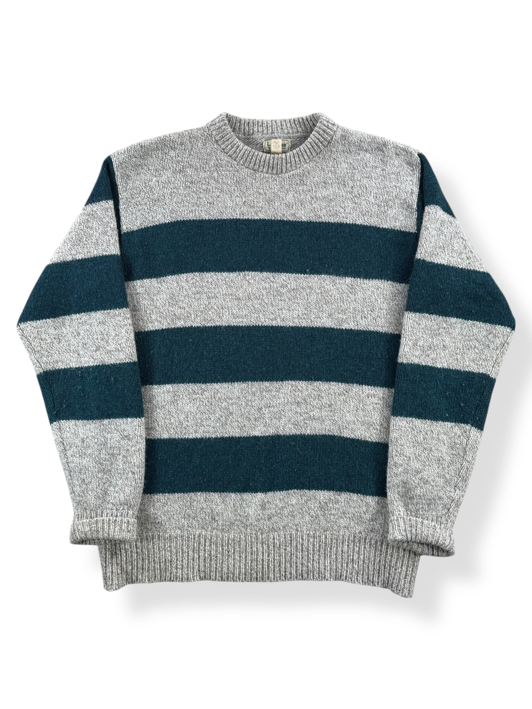 Front of Vintage L.L. Bean Green Striped Ragg Wool Blend Sweater SZ XL Long