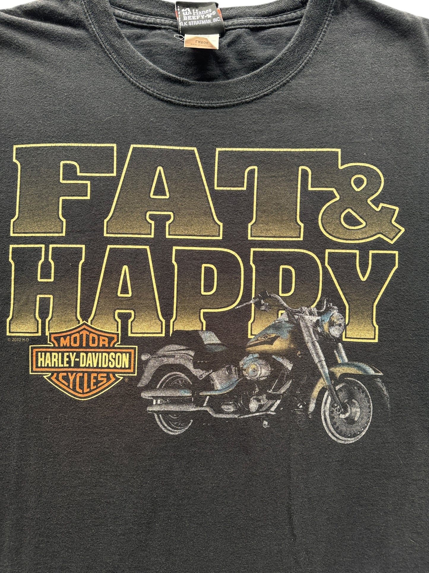 Front Graphic of Fat and Happy Williamsport Harley Davidson Motorcycle Tee SZ L