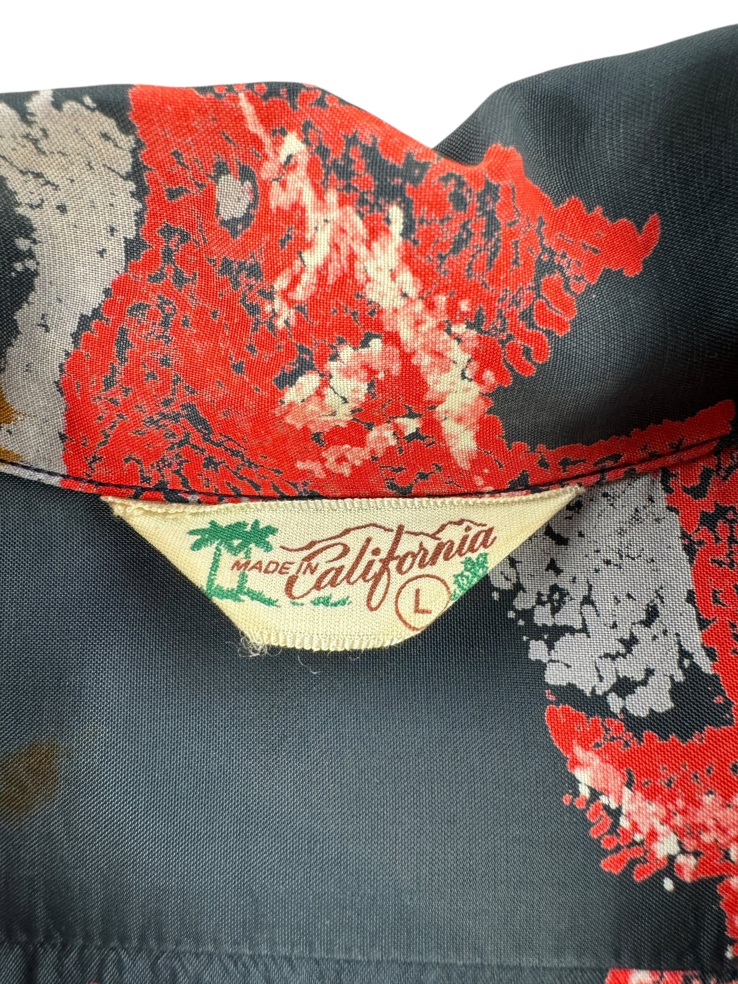 Tag on Vintage Made in California Fish Pattern Aloha Shirt SZ L AS IS
