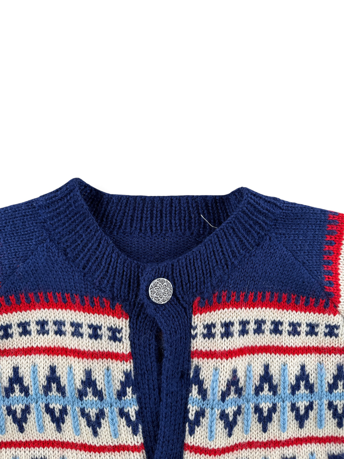 Collar on Vintage Blue & Red Norwegian Wool Cardigan SZ M