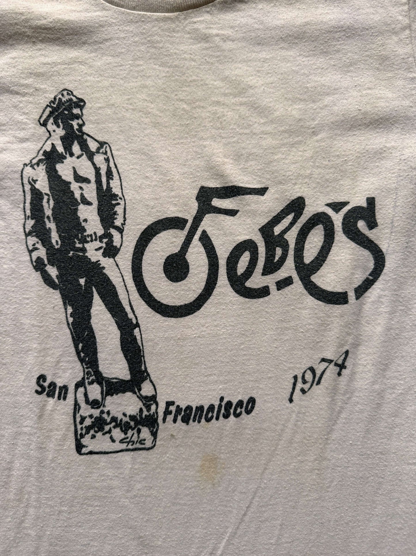 front graphic of Vintage 1974 Fe-Be's San Francisco Gay Biker Bar Tee SZ XS