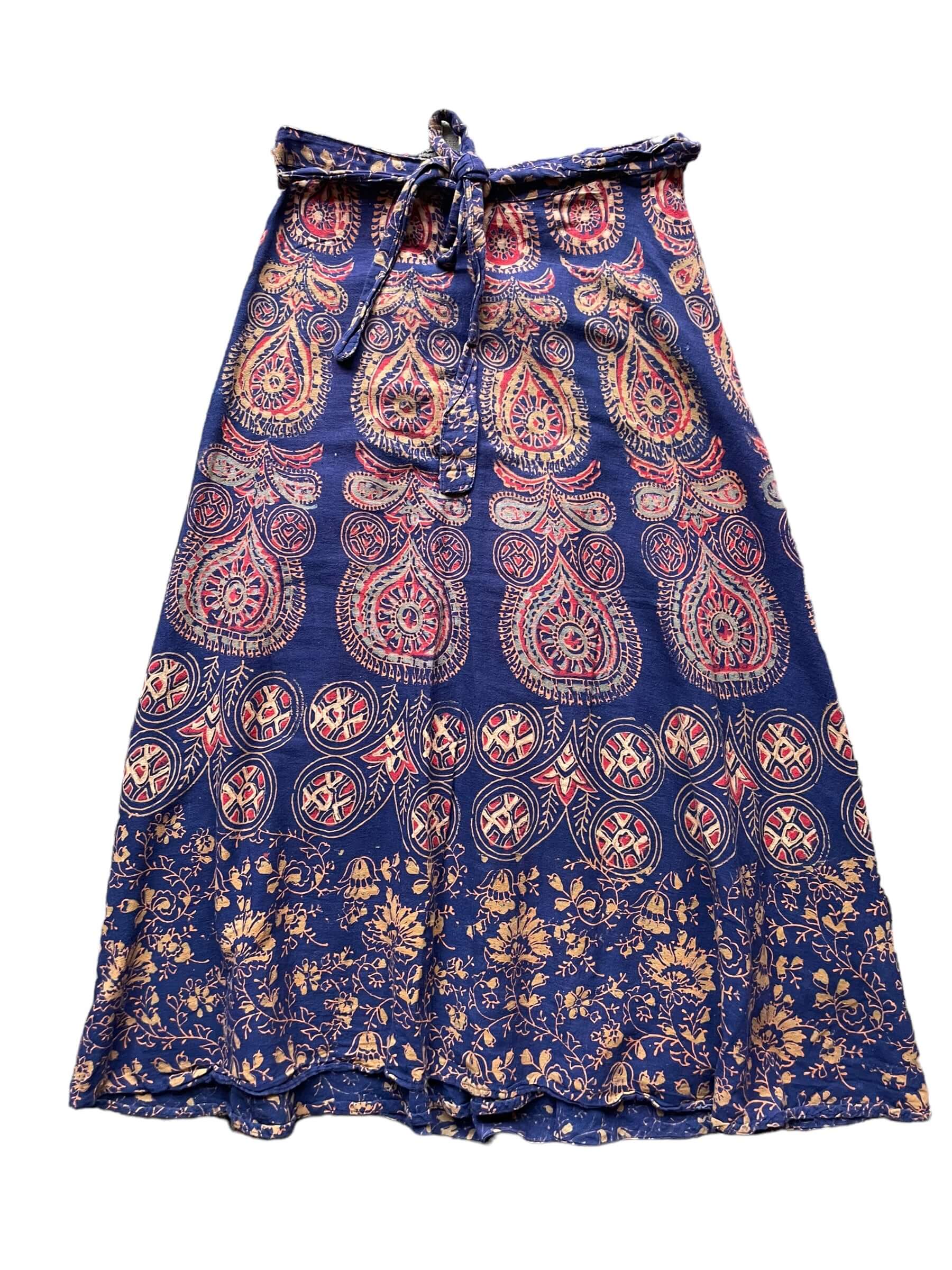 Full front view of Vintage 1970s Indian Cotton Navy Floral Wrap Skirt SZ M-XL | Barn Owl Ladies Clothing | Seattle True Vintage