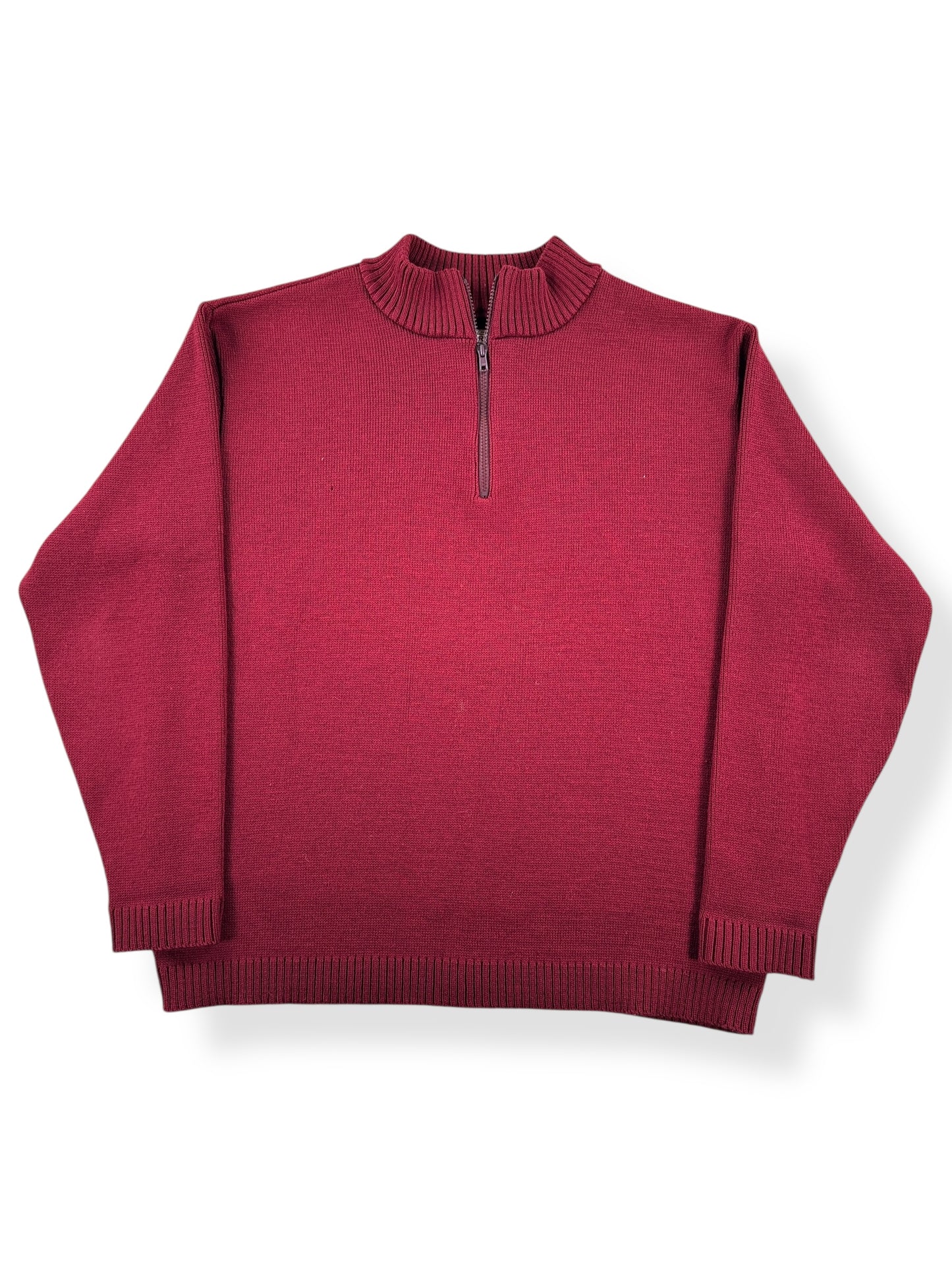 Front of Filson Burgundy Half Zip Sweater SZ XL