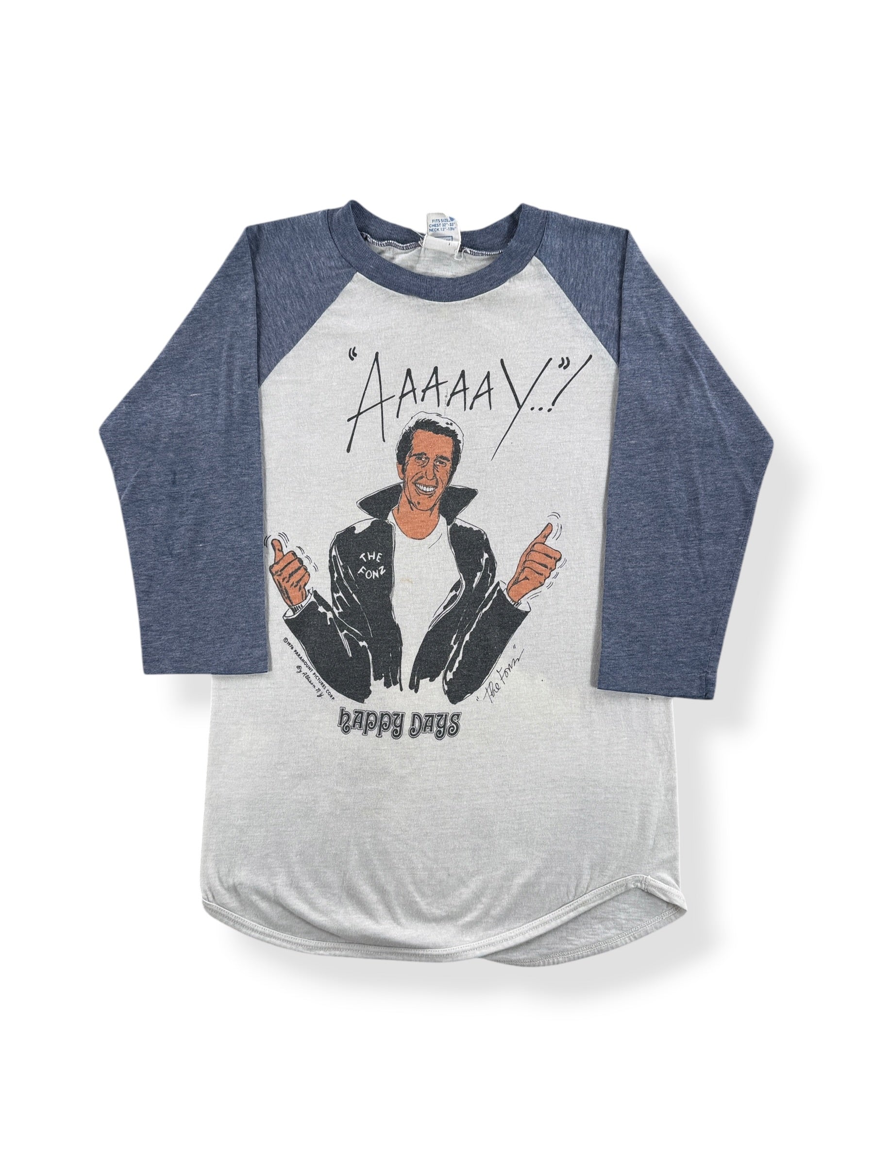 Front of Vintage Aaaay The Fonz Happy Days Baseball Tee SZ S (Fits XS)