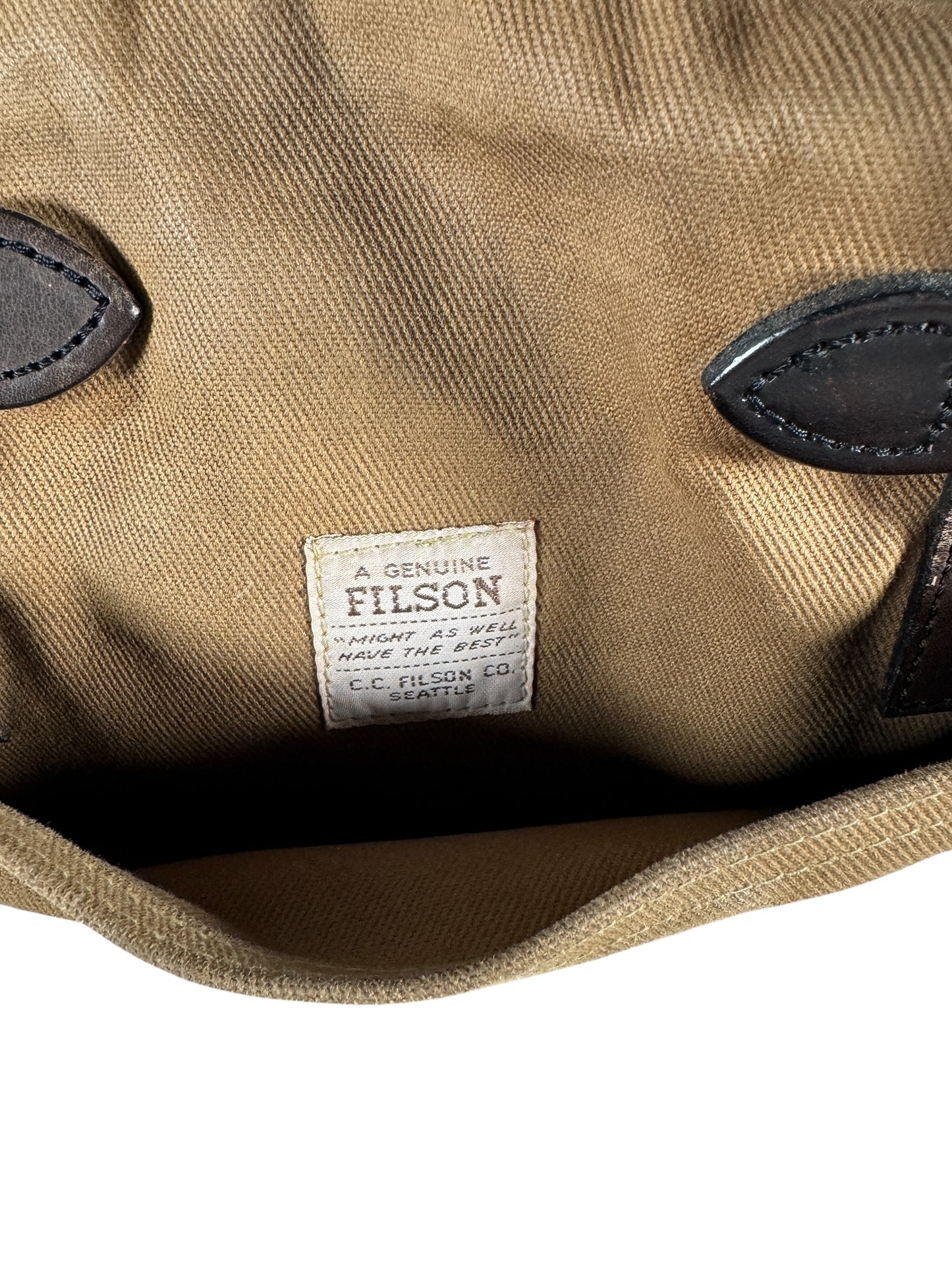 Filston Tag View on Vintage Talon Era Filson Rugged Twill Zippered Tote