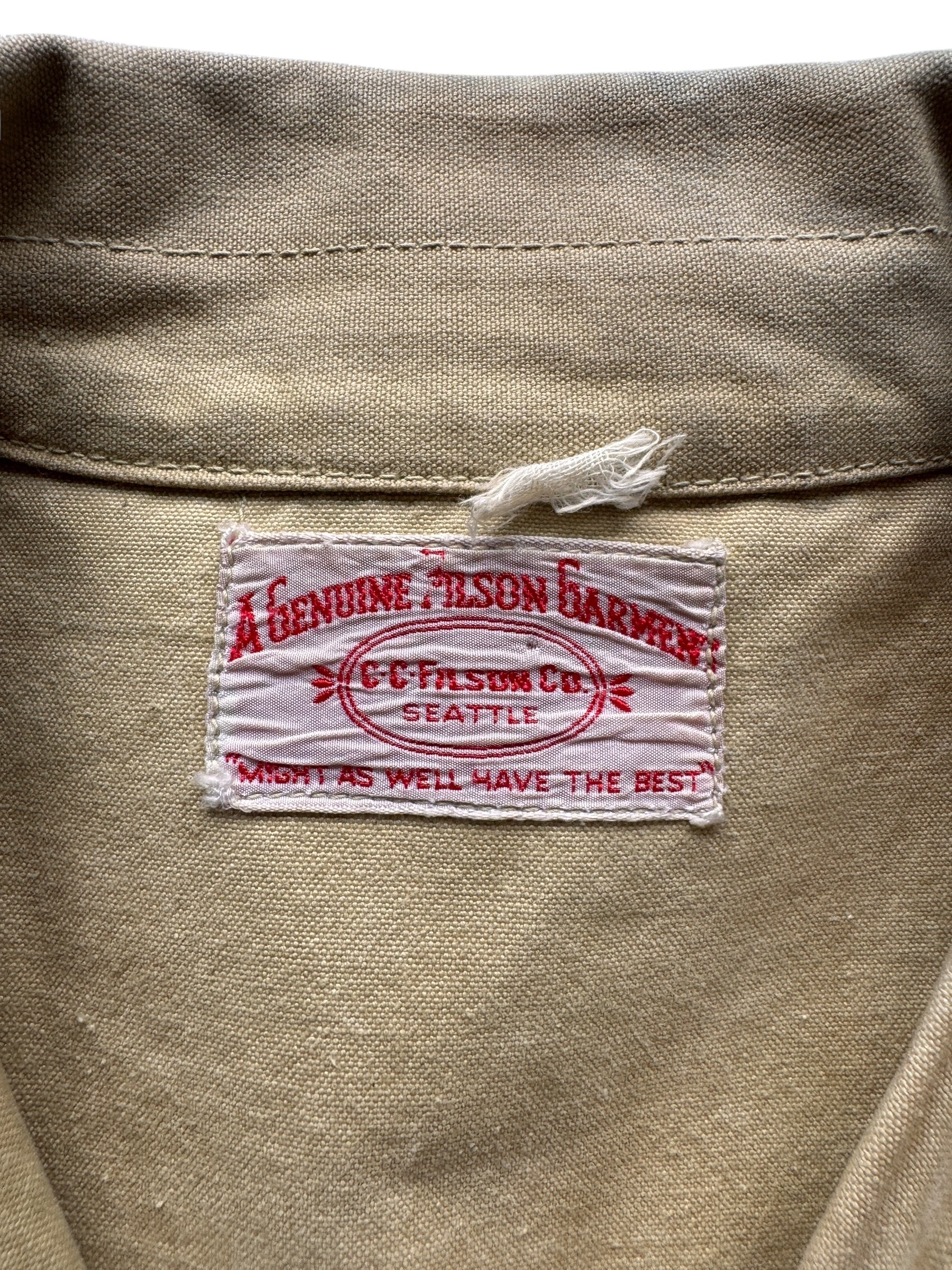 Label on Vintage Union Made Era Filson Tin Cloth Cruiser SZ 42