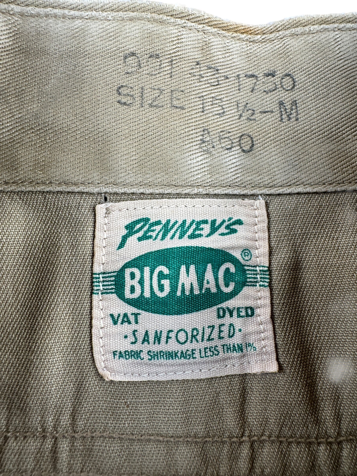 Label on Vintage Penneys Big Mac Khaki Work Shirt SZ M