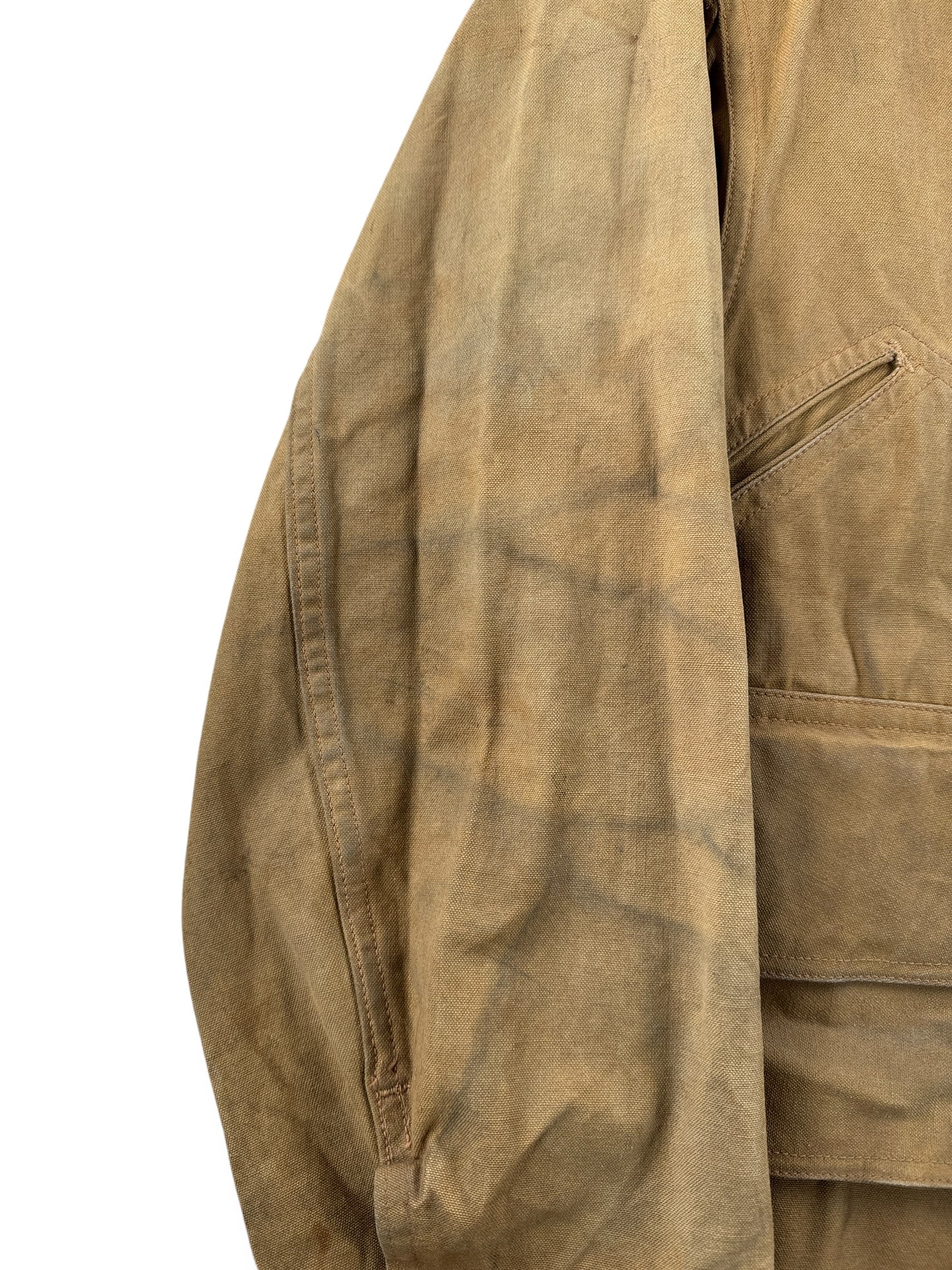 Wear on Sleeve of Vintage 1940s Blue Bill Hunting Coat SZ S