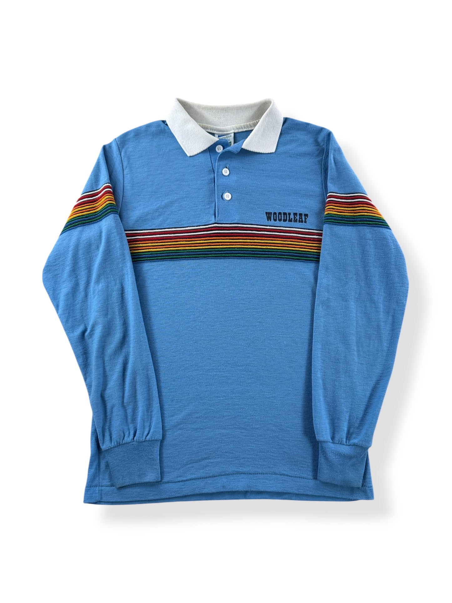 Front of Vintage Woodleaf Rainbow Stripe Polo Shirt SZ S