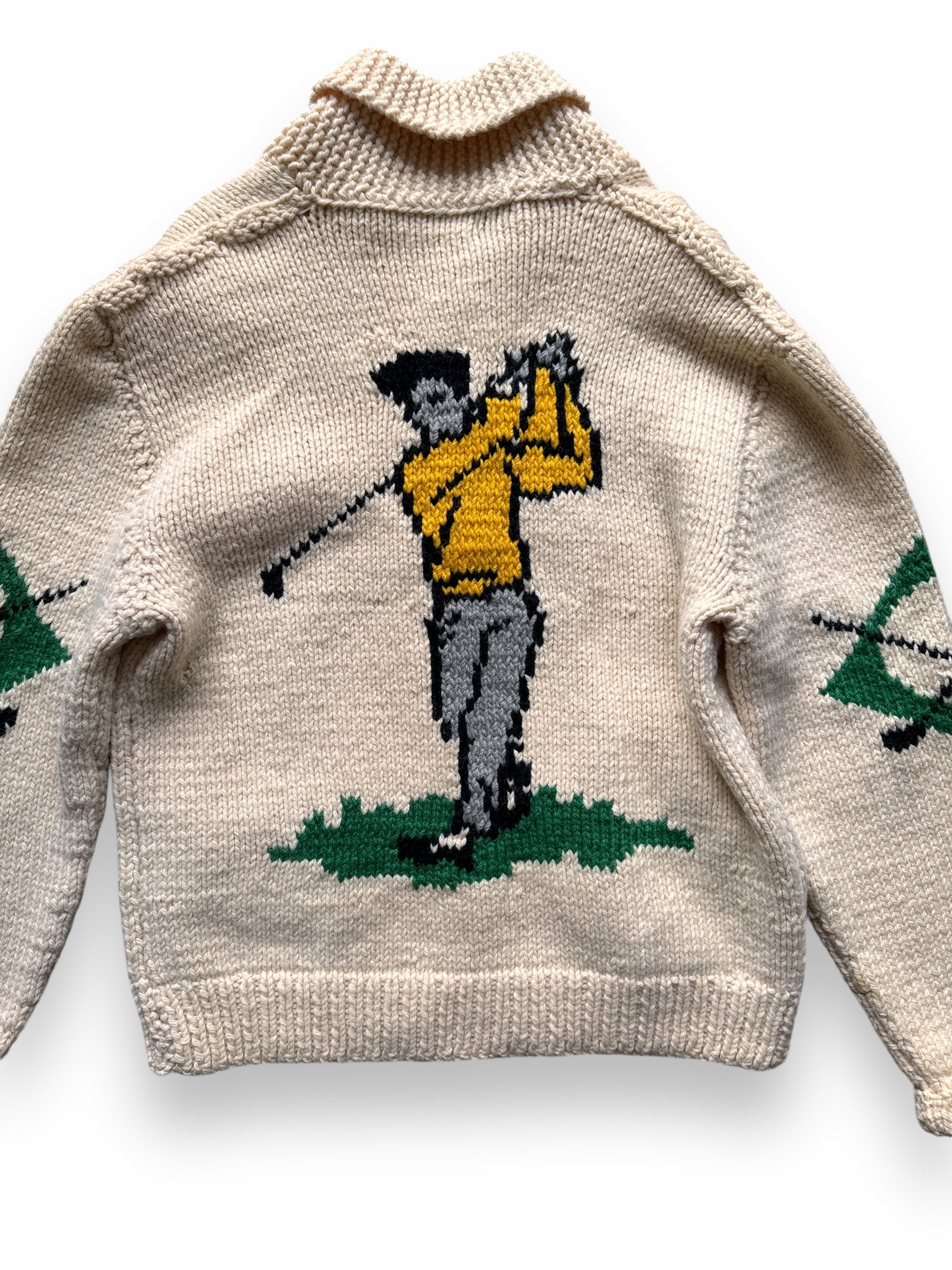 back close up of Vintage Golf Themed Cowichan Style Sweater SZ L