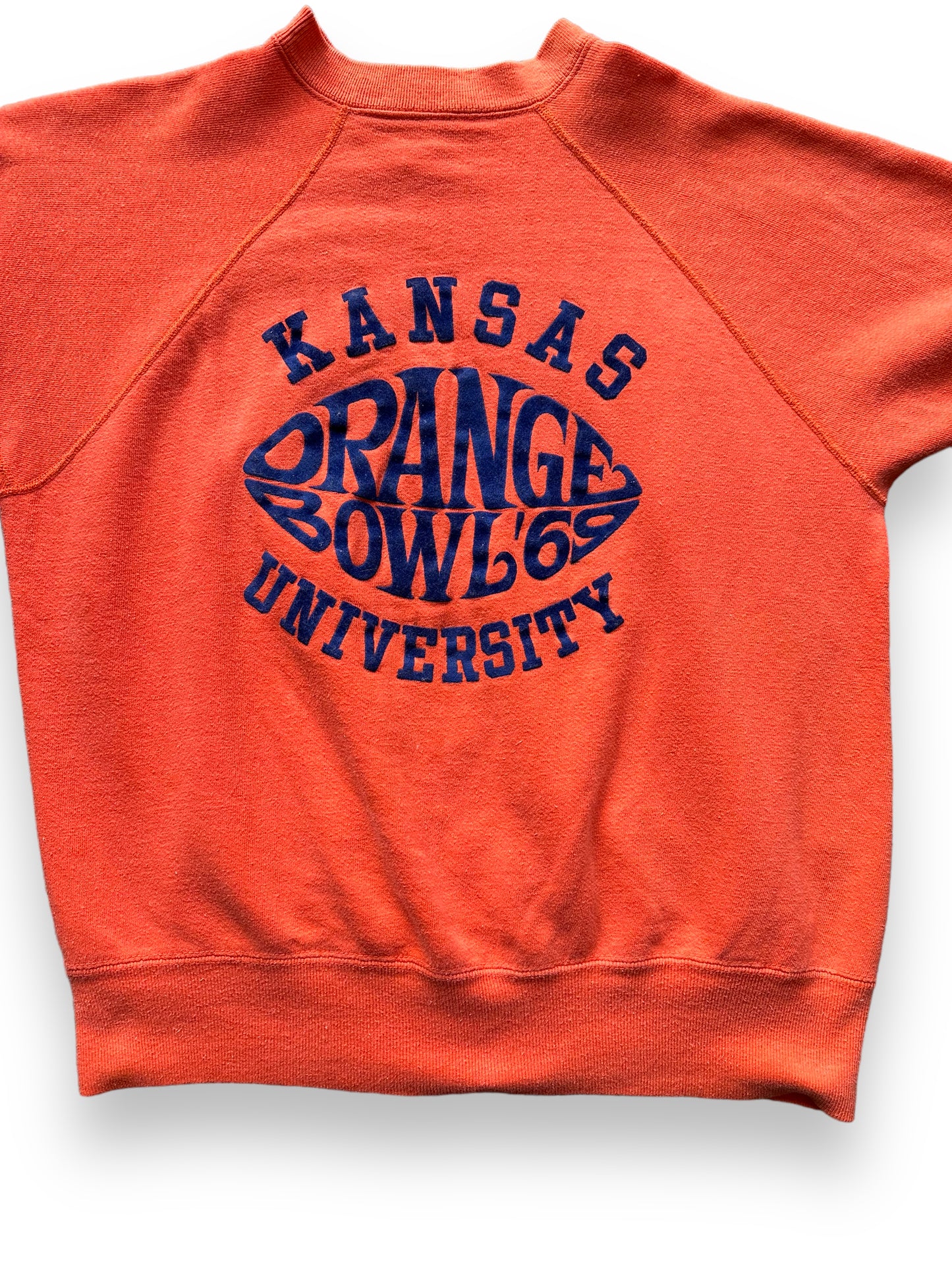 Front Detail on Vintage Artex Kansas University 1969 Orange Bowl Short Sleeve Crewneck Sweatshirt SZ L | Barn Owl Vintage Clothing | Seattle Vintage Sweatshirts