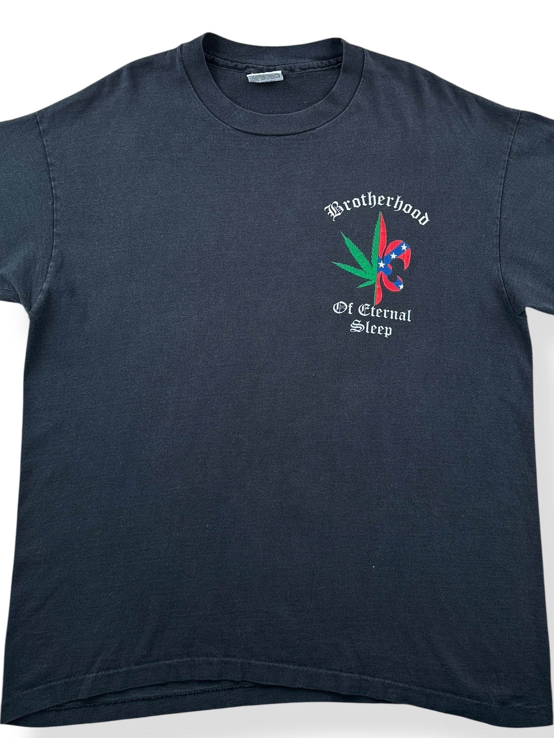 Front Close Up of Vintage Down Brotherhood of Eternal Sleep Liquid Blue Tee SZ XL