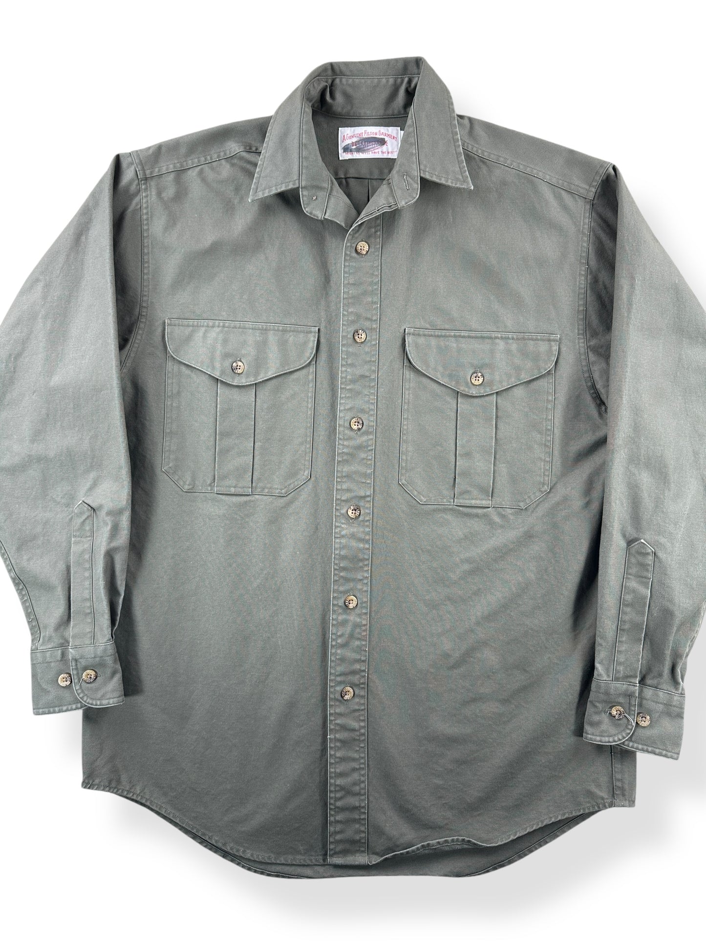 Front Close Up of Olive Green Filson Guide Shirt SZ M