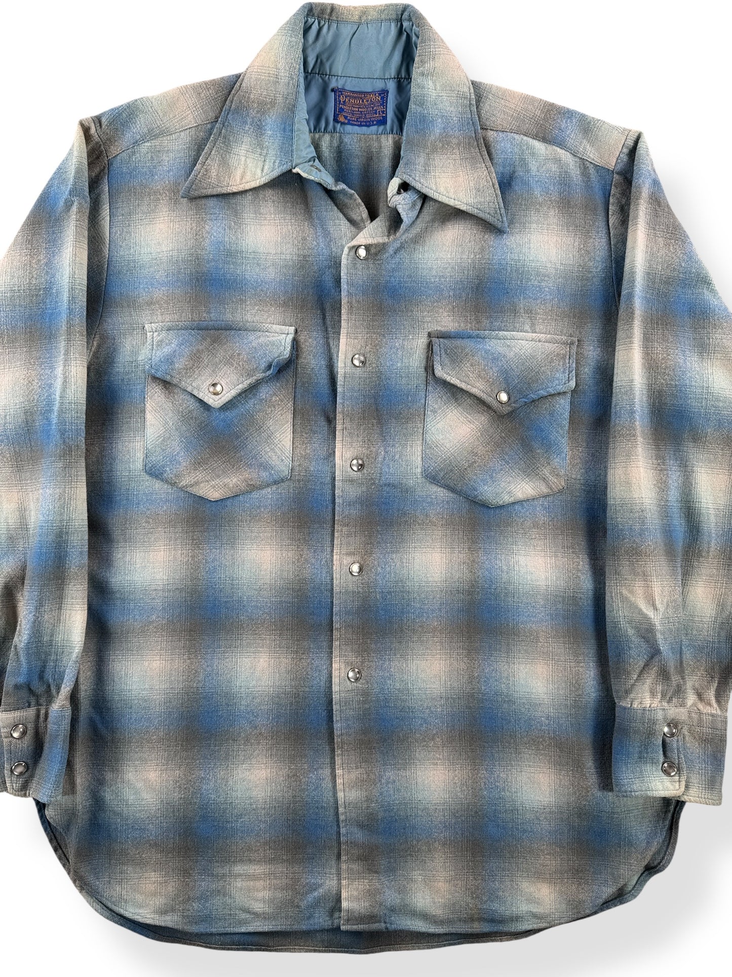 Front Close Up of Vintage Pendleton Shadow Plaid Pearl Snap SZ L