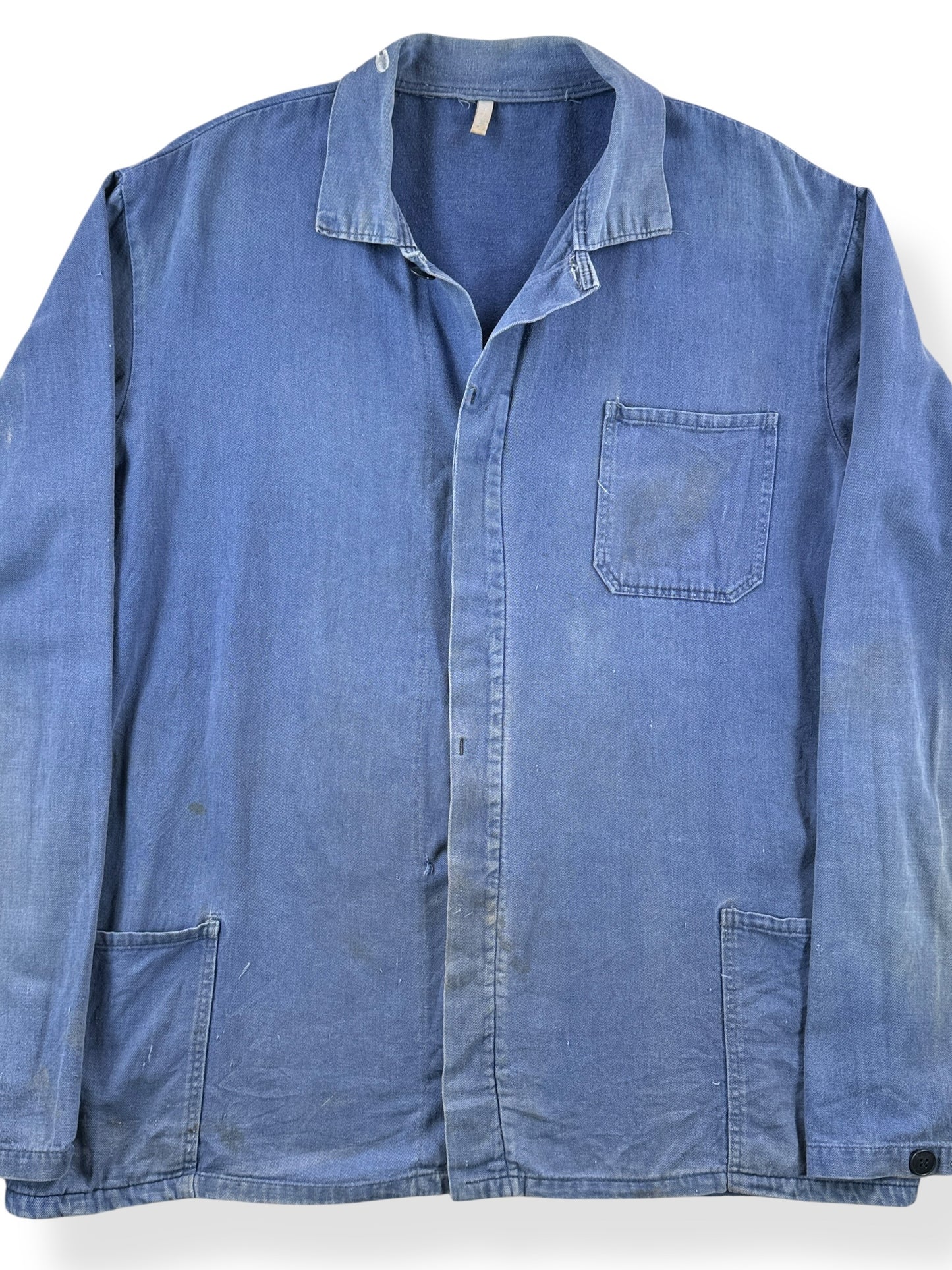 Front Close Up of Vintage Tattered French Chore Coat SZ L