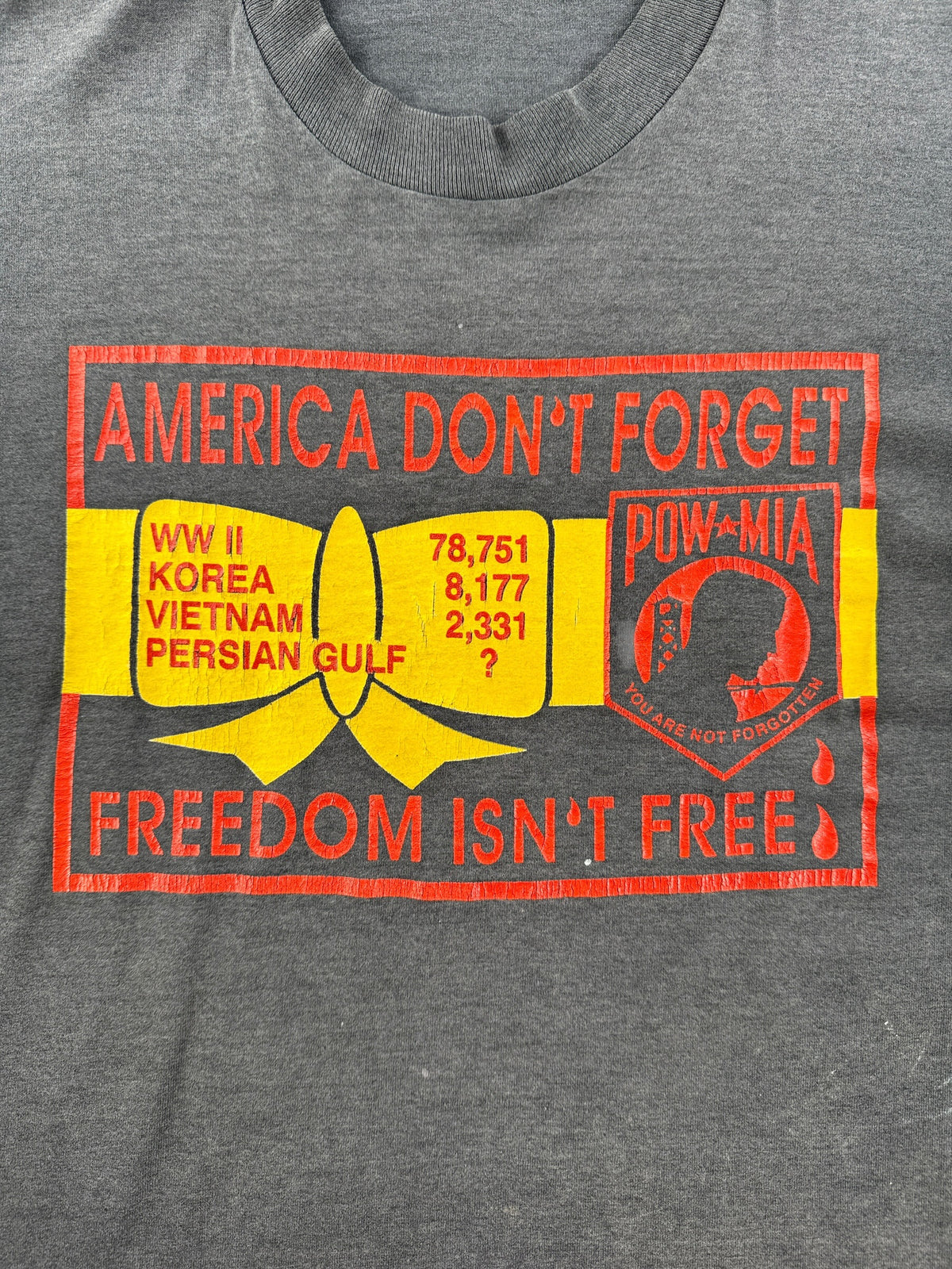 Front graphic on Vintage America Don't Forget POW-MIA Tee SZ L (Fits M)