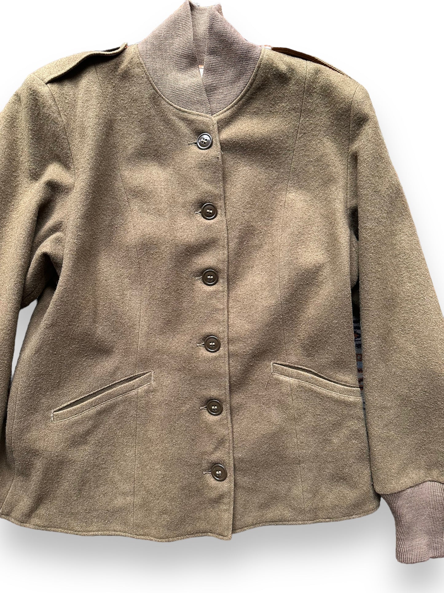 Front Detail on Vintage WWII Era Womens Wool Field Liner SZ 14R | Vintage M-1943 Wool Jacket Seattle | Barn Owl Vintage Seattle