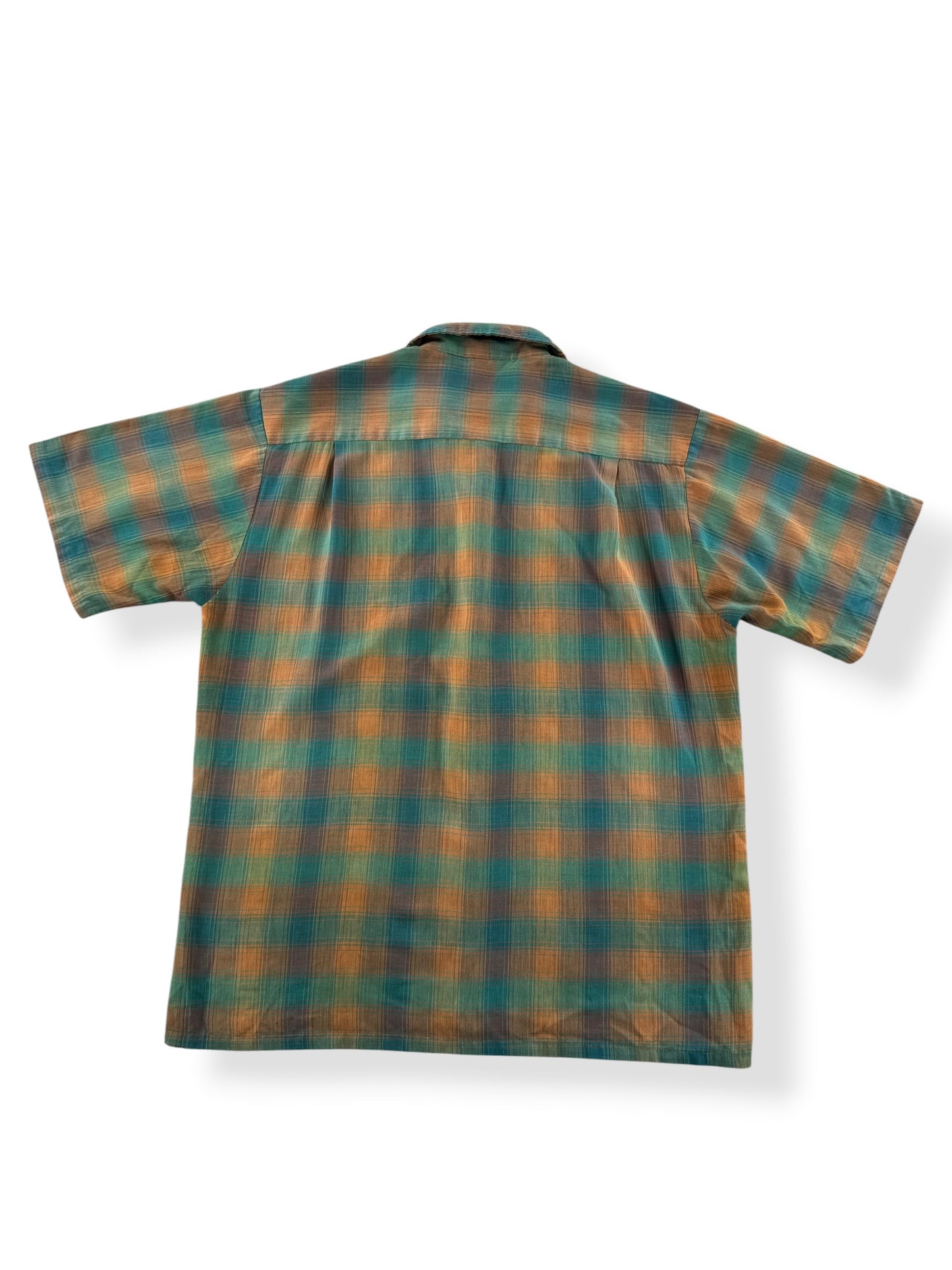 Back of Vintage Orange Green Short Sleeve Loop Collar Shirt SZ M