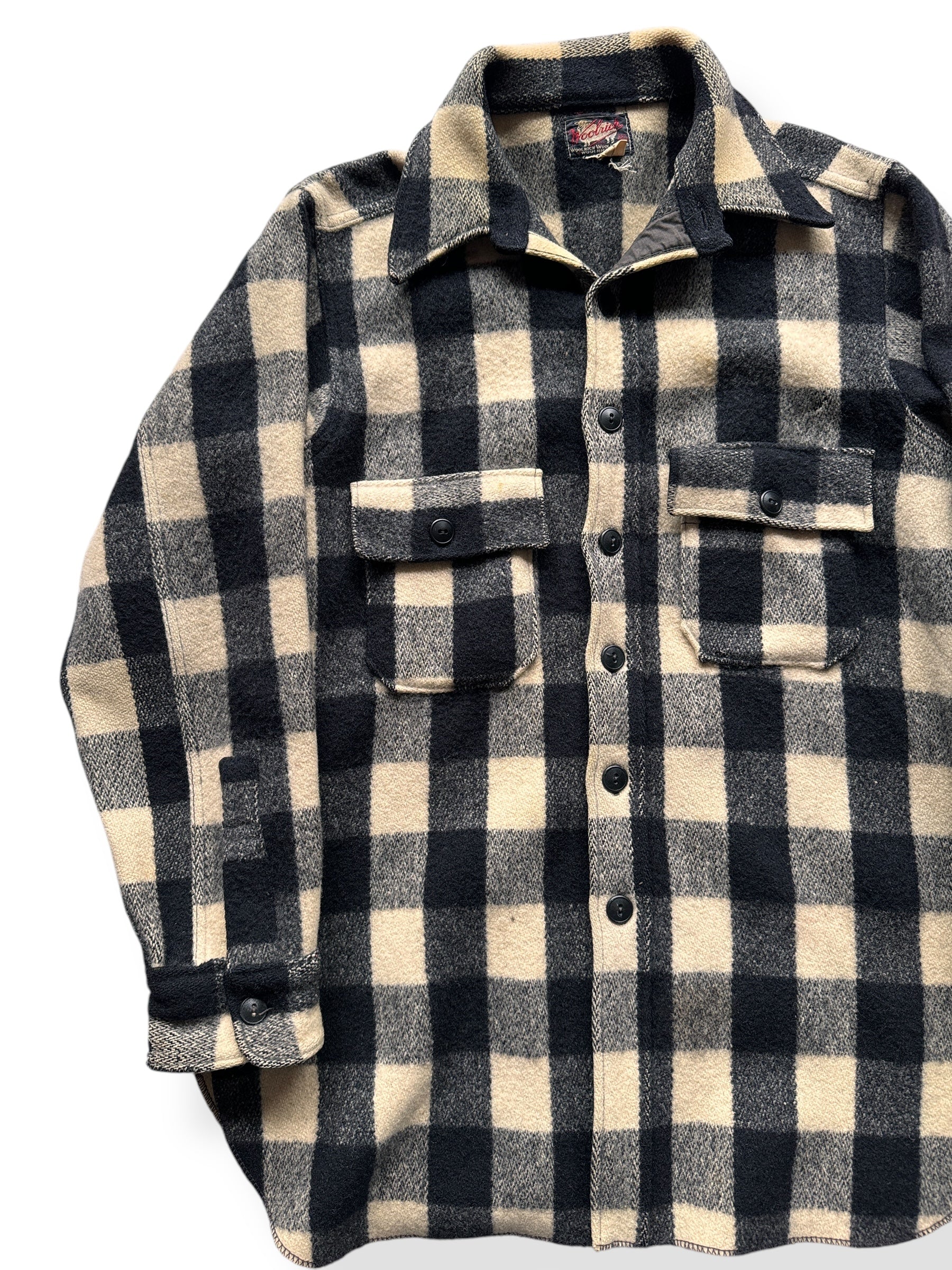 Front Right of 40s Era Vintage Woolrich Black & White Wool Coat SZ L
