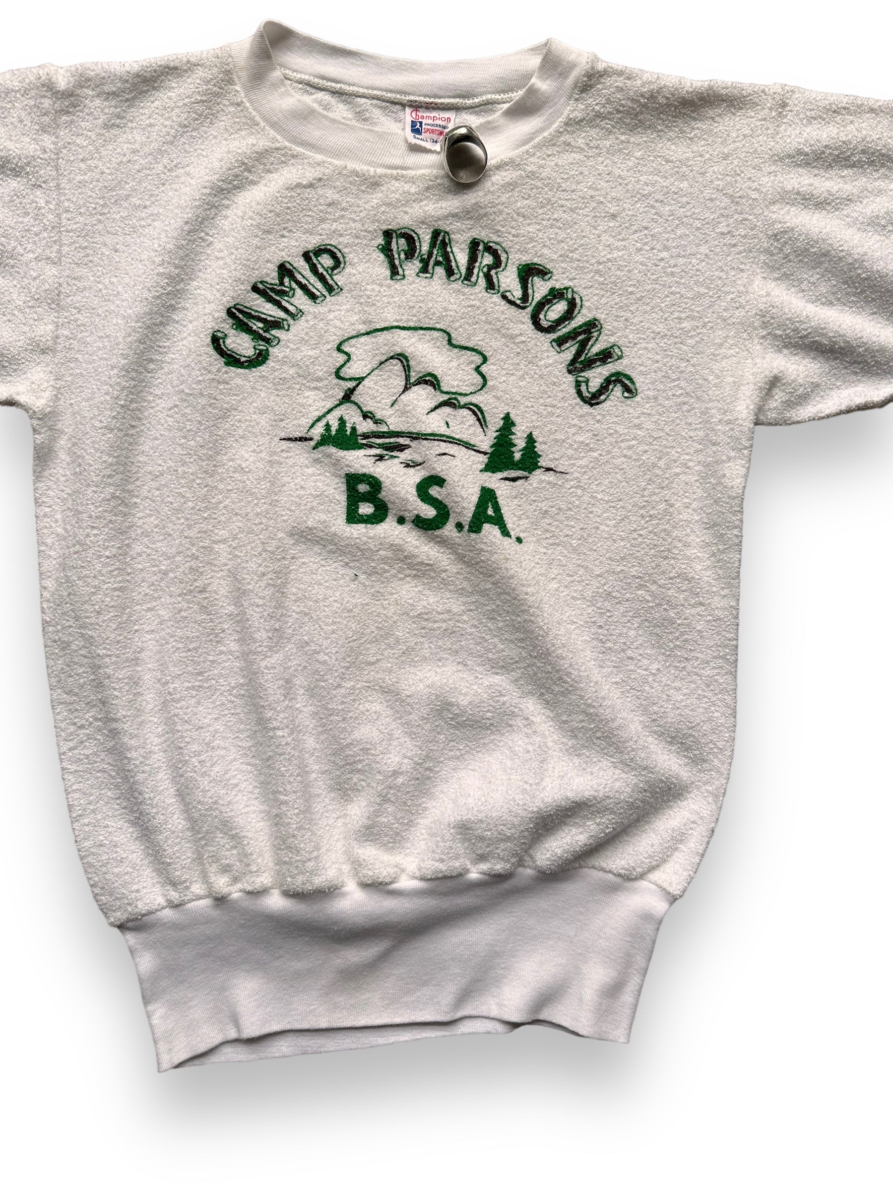 Front Detail of Vintage Champion Camp Parsons BSA Camp Terry Cloth Shirt SZ SM | Vintage Boy Scout Camp Shirt | Seattle Vintage Clothing