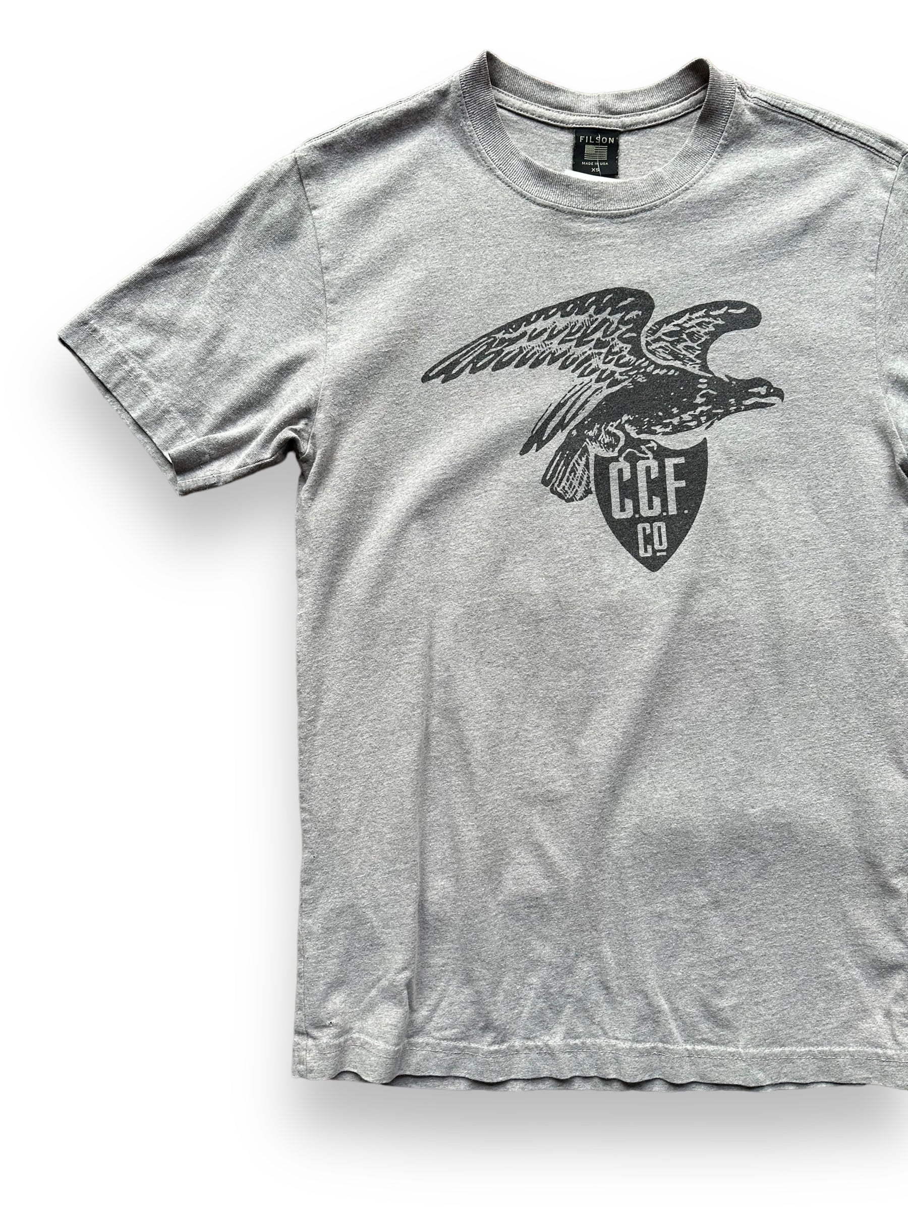 Front Right View of Grey Filson Eagle Graphic Tee SZ XS |  Barn Owl Vintage Goods | Vintage Filson Workwear Seattle