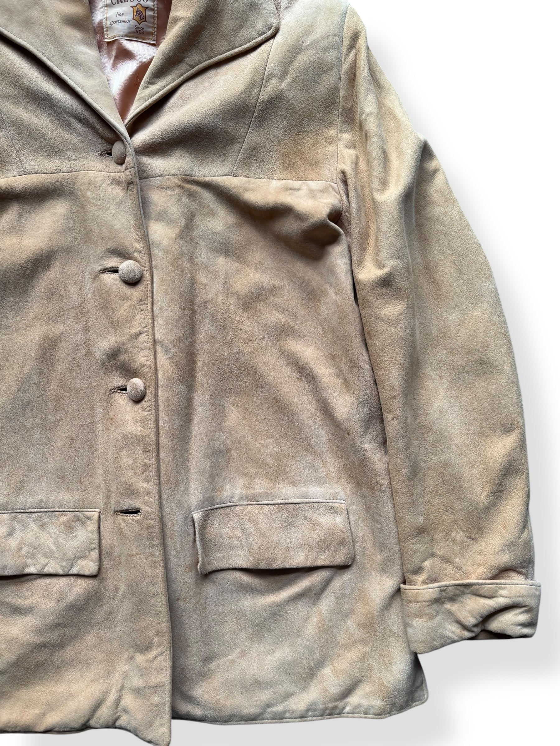 Front left side view of 1950s Cresco Suede Jacket M