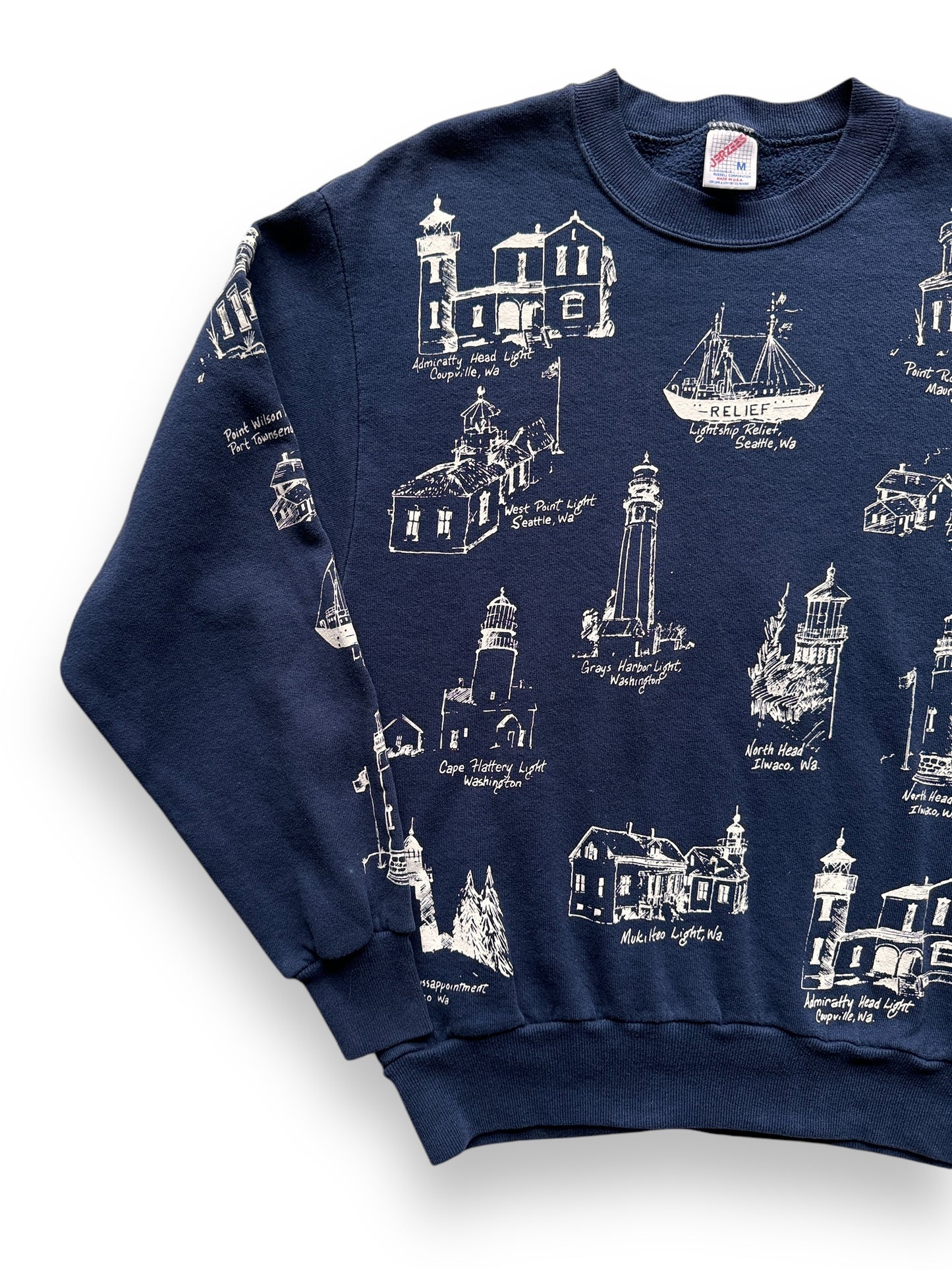 front right of Vintage Washington Lighthouses AOP Crewneck SZ M