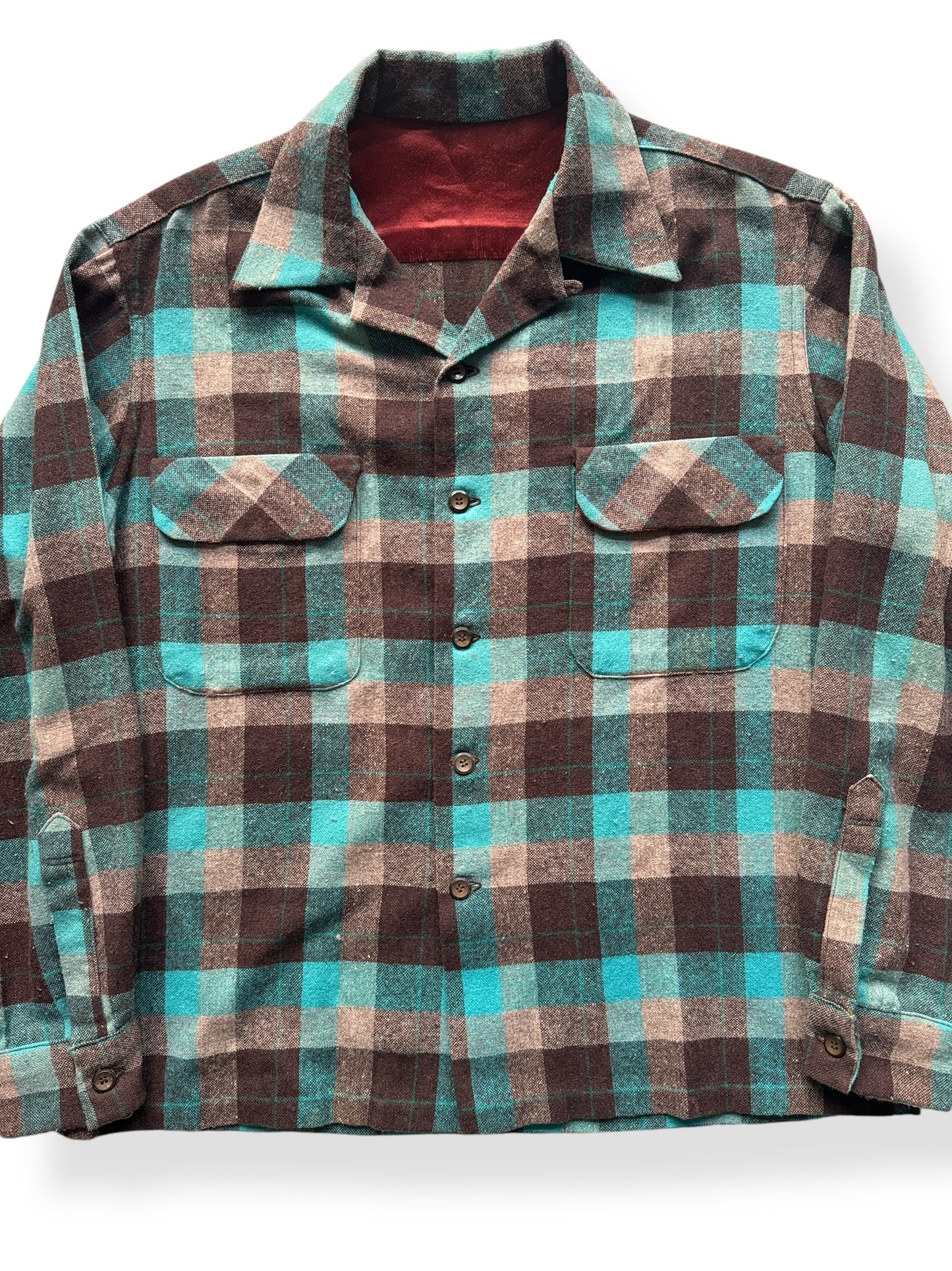 Front Close Up of Vintage Turquoise Plaid Wool Blend Board Shirt SZ L