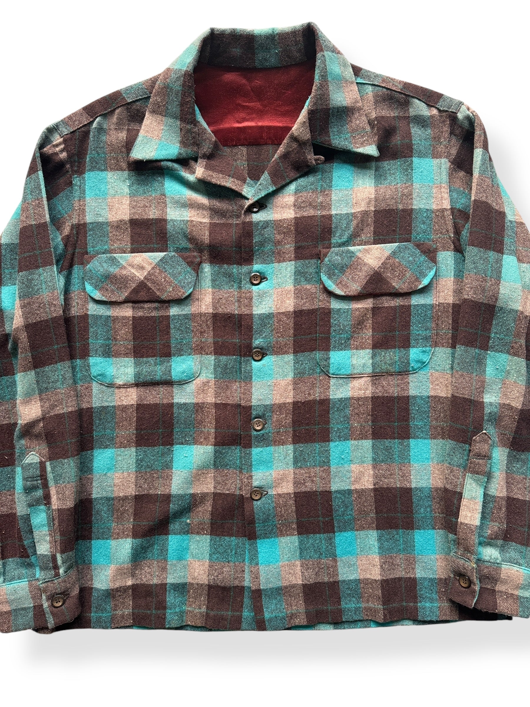 Front Close Up of Vintage Turquoise Plaid Wool Blend Board Shirt SZ L