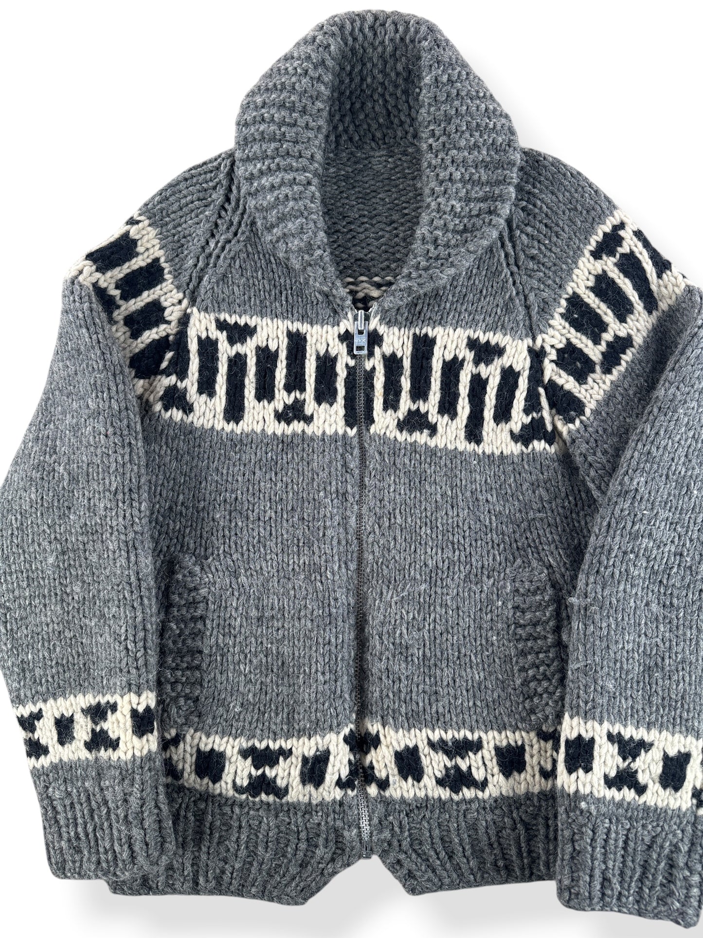 Front Close Up of Vintage Homemade Cowichan Style Sweater SZ M