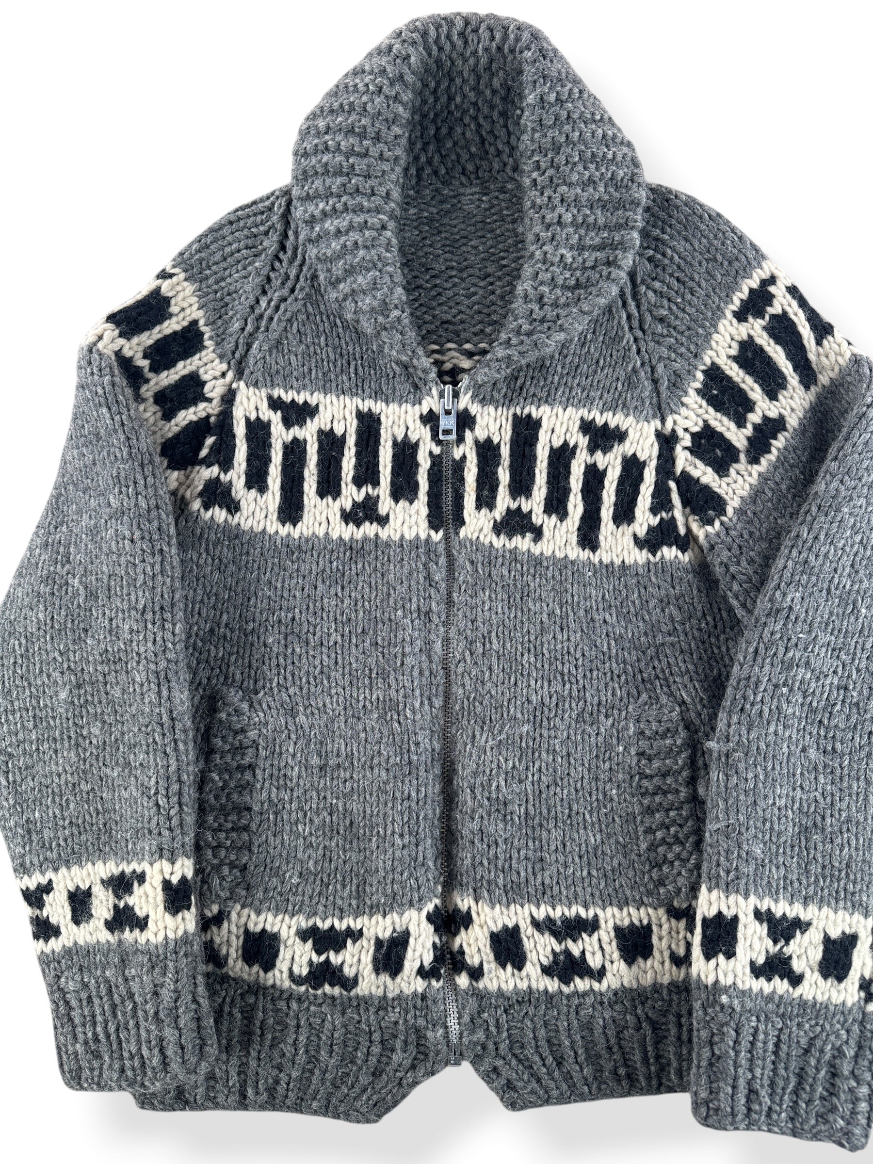 Front Close Up of Vintage Homemade Cowichan Style Sweater SZ M