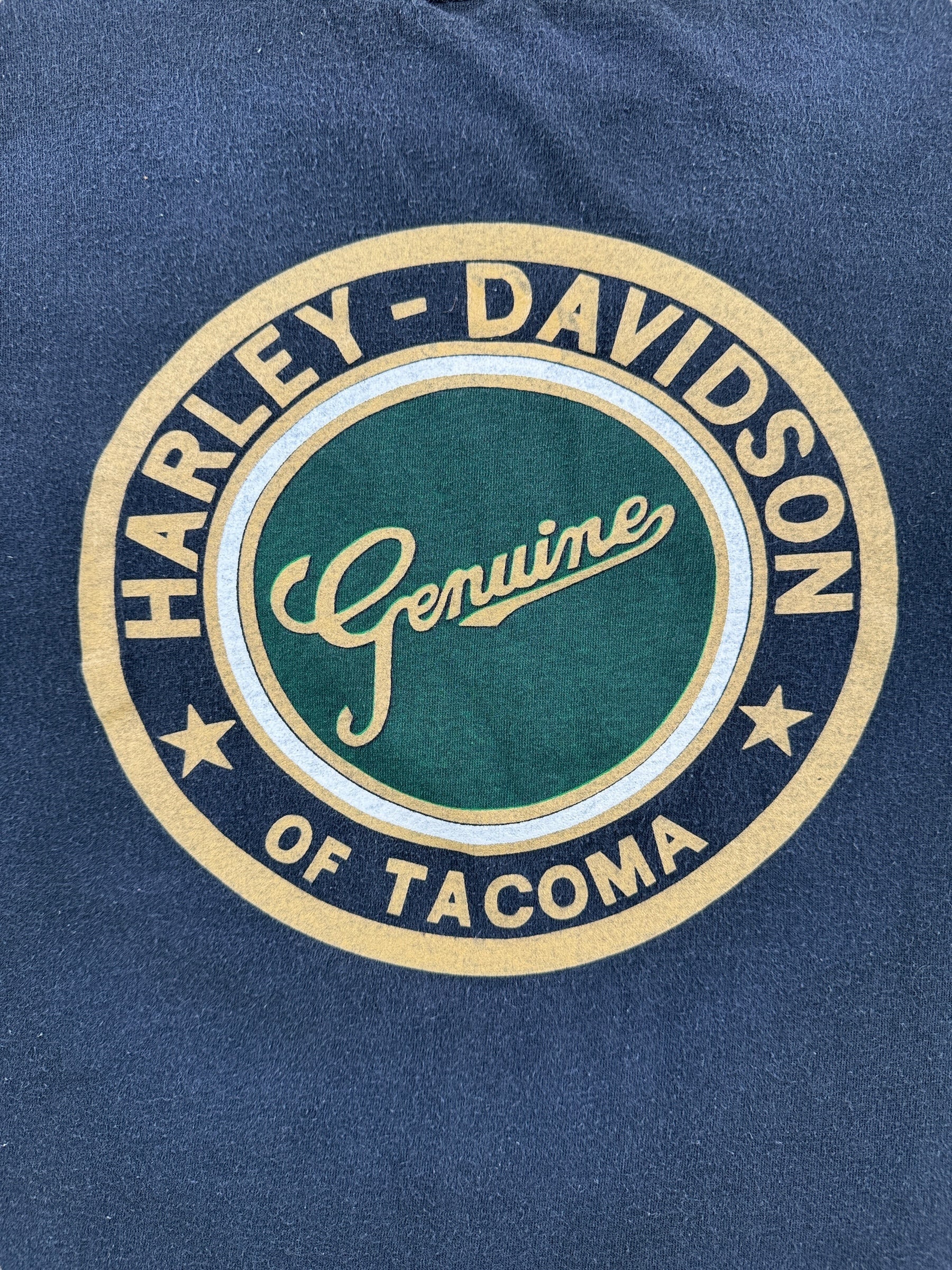 Back Graphic on Vintage Harley Davidson Tacoma 3D Emblem Pocket Tee SZ L