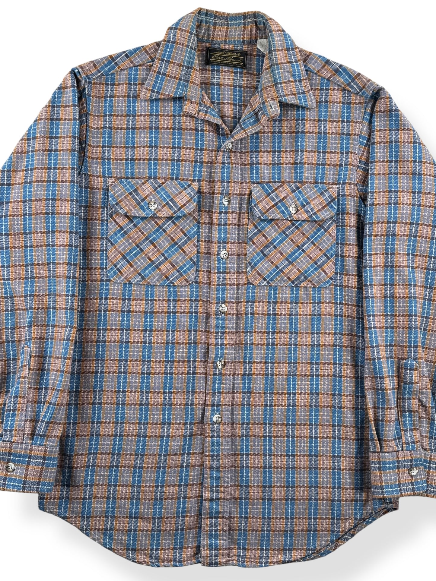 Front Close Up of Vintage Eddie Bauer Cotton Flannel SZ M