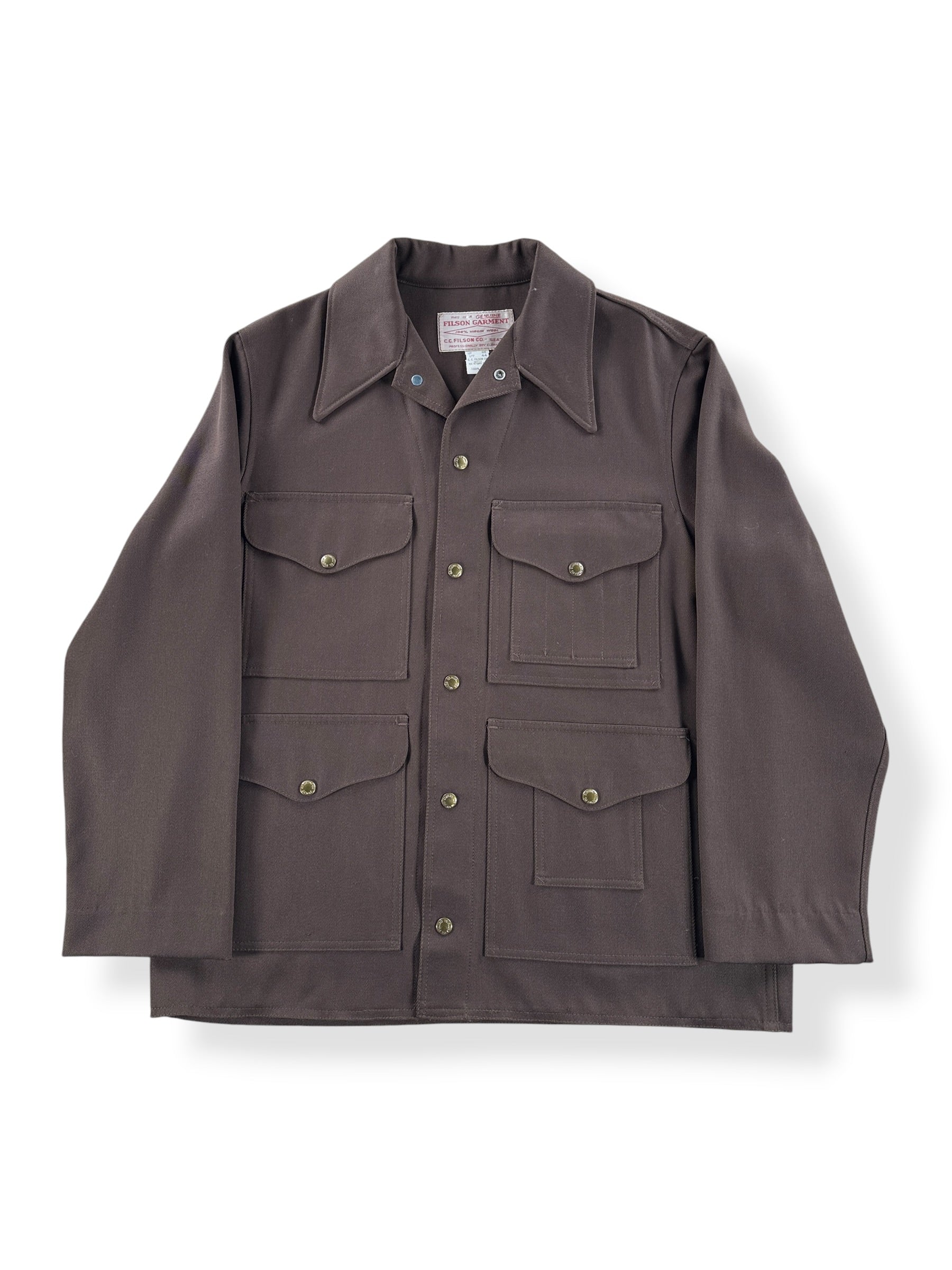Front of Vintage Filson Brown Gabardine Style 177 Cruiser SZ 44