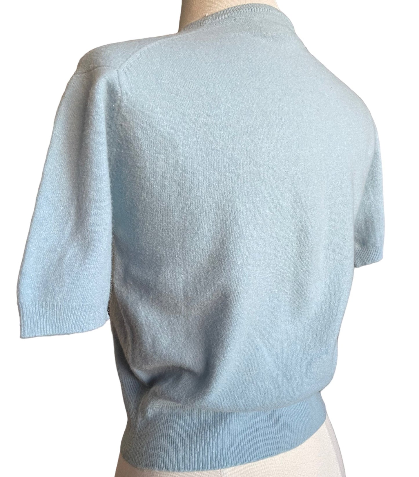 Back left side view of Vintage 1950s Blue Short Sleeve Lamb's Wool Sweater | Seattle Vintage Sweaters | Barn Owl Vintage