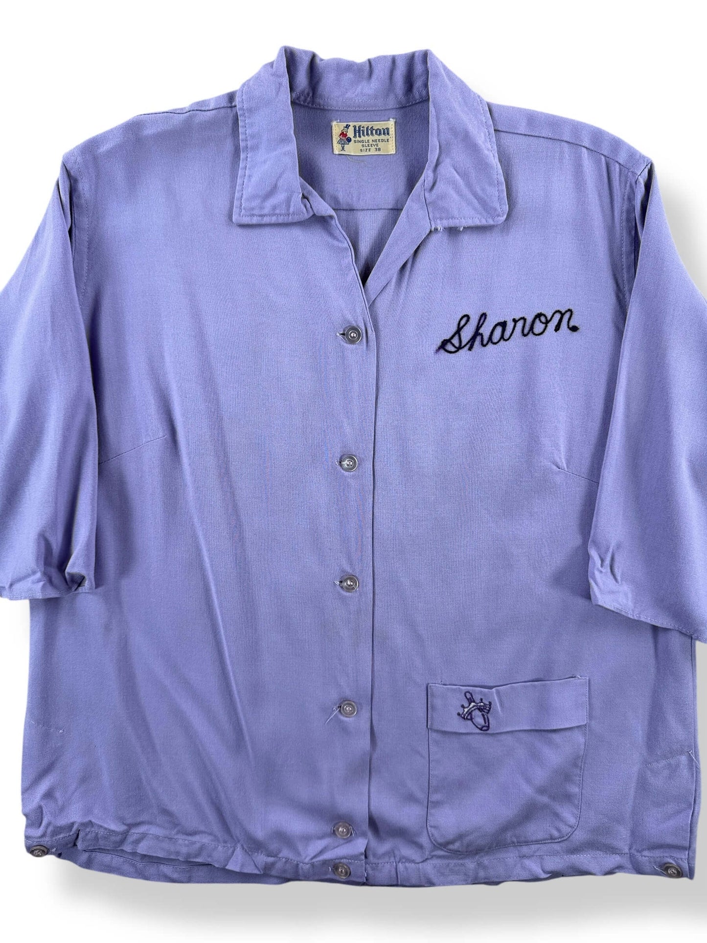 Front Close Up of Vintage Lilac Ladies Flocked Bowling Shirt SZ 38