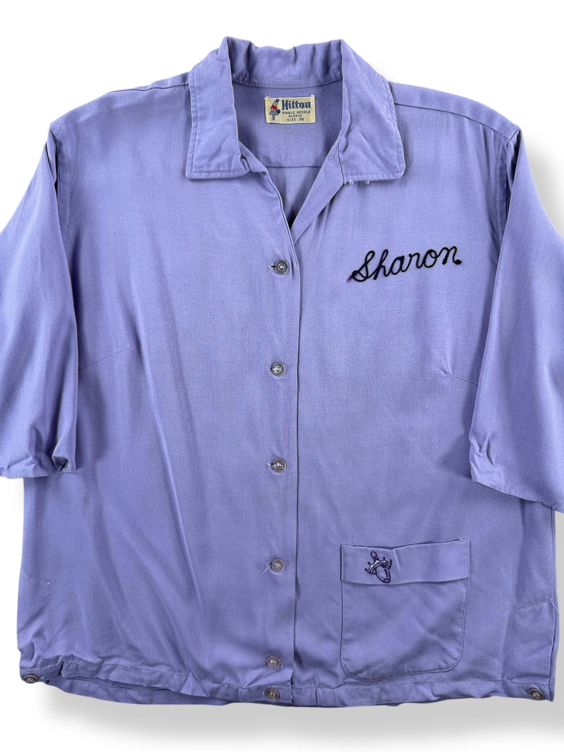 Front Close Up of Vintage Lilac Ladies Flocked Bowling Shirt SZ 38