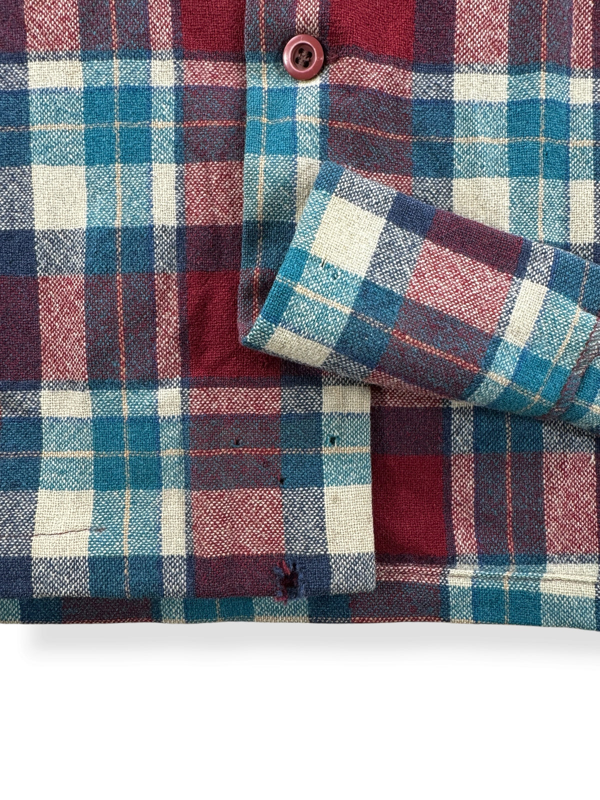 Holes on bottom of Vintage Pendleton Maroon Plaid Board Shirt W/ Elbow Pads SZ L - AS IS