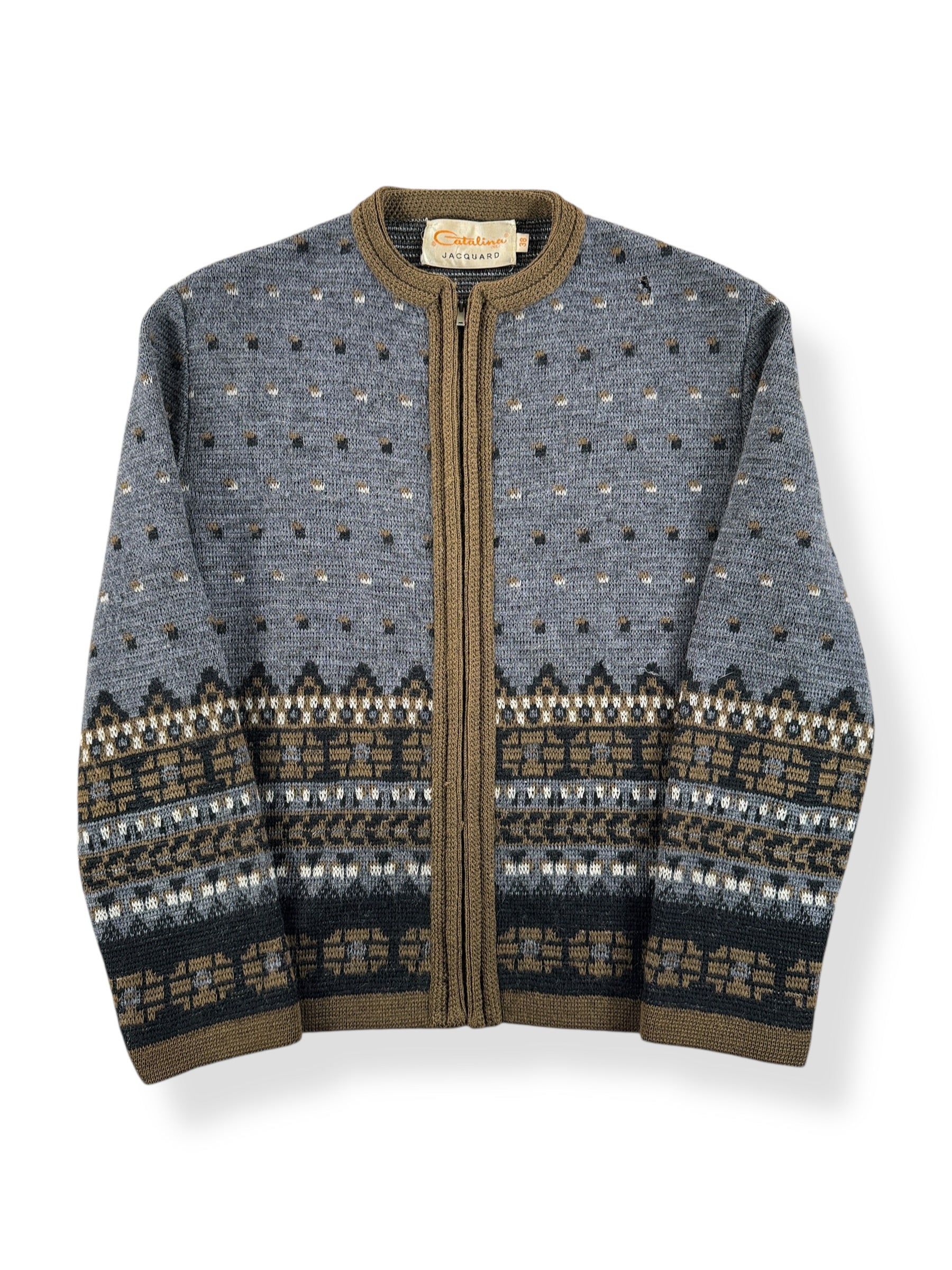 Front of Vintage Catalina Jacquard Zip Up Sweater SZ 38
