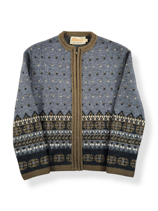 Front of Vintage Catalina Jacquard Zip Up Sweater SZ 38